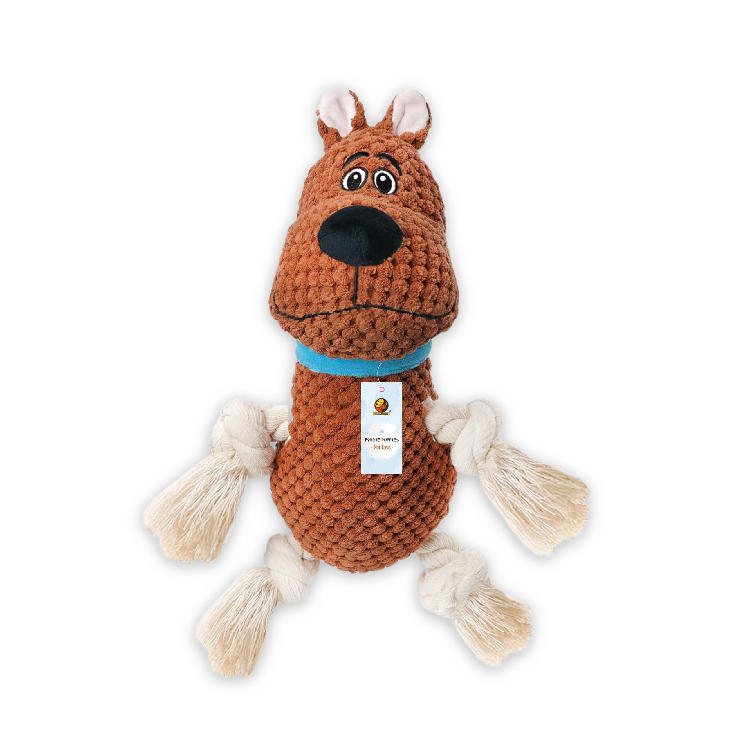 Foodie Puppies Dog Squeaky Plush Rope Toy  (Brown Scooby Plush Toy) | Crinkle, NonToxic, Stuffed, Teething, Chewing, Playing, 
