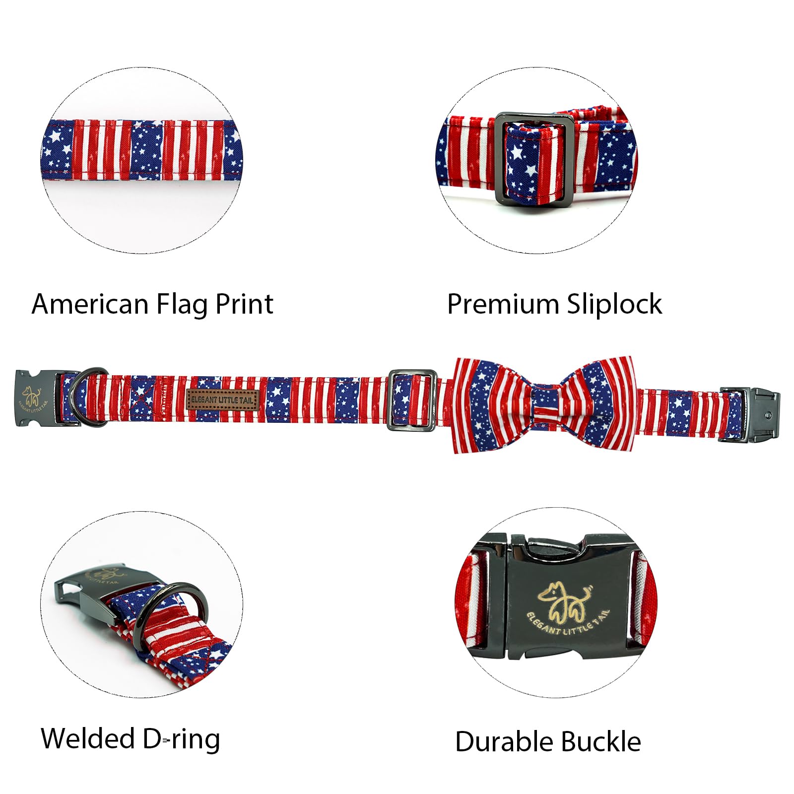 Elegant Little Tail Independence Dog Collar, Holiday Pet Collar With Bow Dog Durable Patriotic Dog Collars Pet Gift Adjustable D
