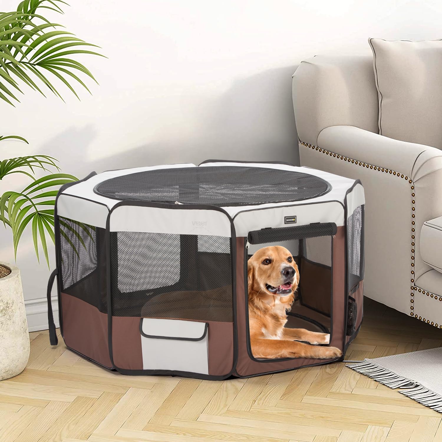 Donoro Dog Playpen 29' Portable Pet Play Pens For Small Dog/Cat/Rabbit/Chicks, Foldable Exercise Kennel Tent Crate Indoor/Outdoor Travel Camping, Removable Top/Bottom (Brown, Small (29'X29'X15'), 8)