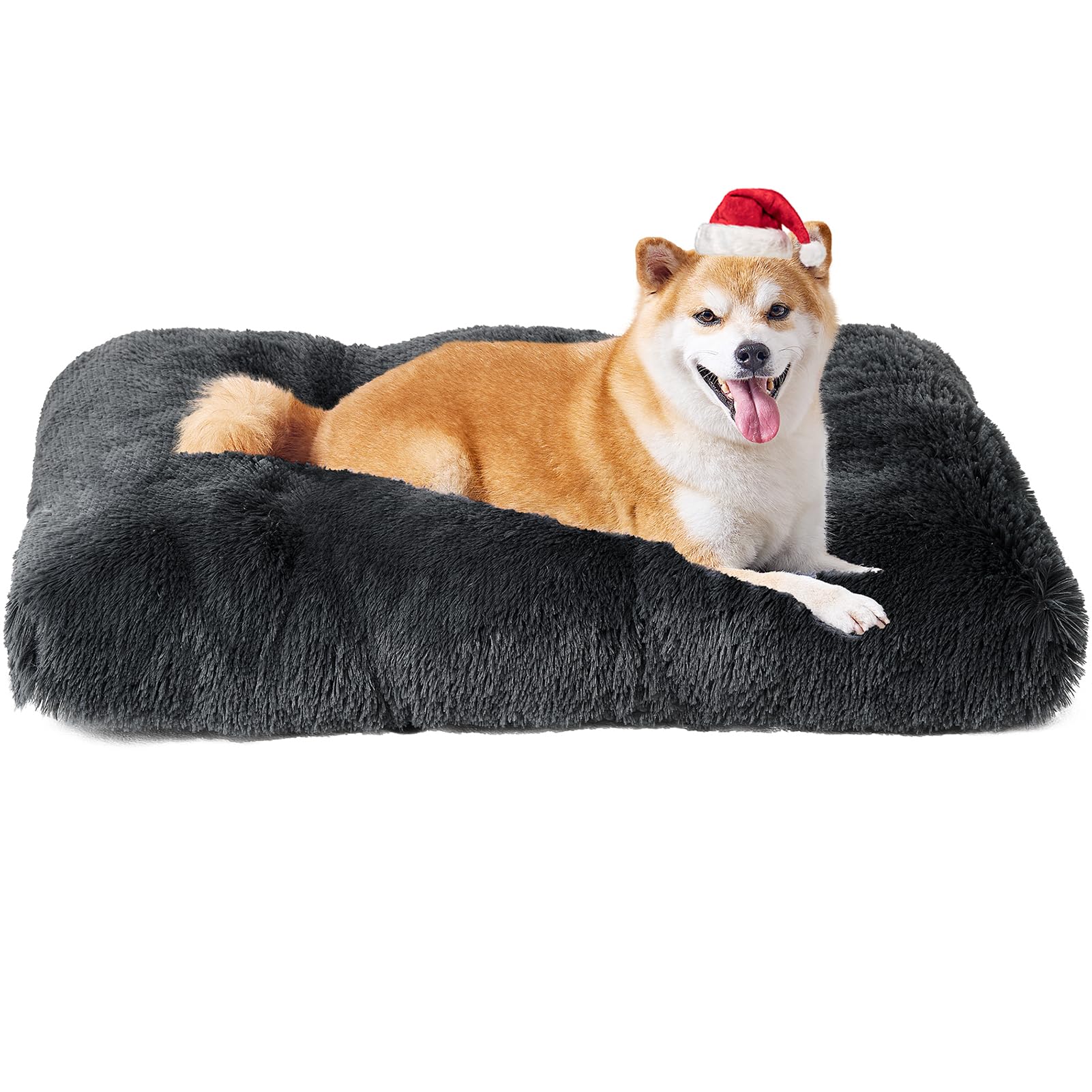 Eheyciga Fluffy Dog Crate Bed For Large Dogs, Plush Faux Fur Dog Crate Pad, Calming Anti Anxiety Large Dog Bed For Crate, Washable Soft Warm Dog Crate Mat With Non-Slip Bottom, Dark Grey