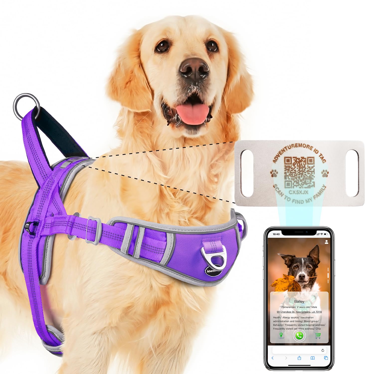 Adventuremore No Pull Large Dog Harness With Qr Code Dog Tag, Adjustable Reflective Breathable Dog Vest Escape Proof Dog Harness