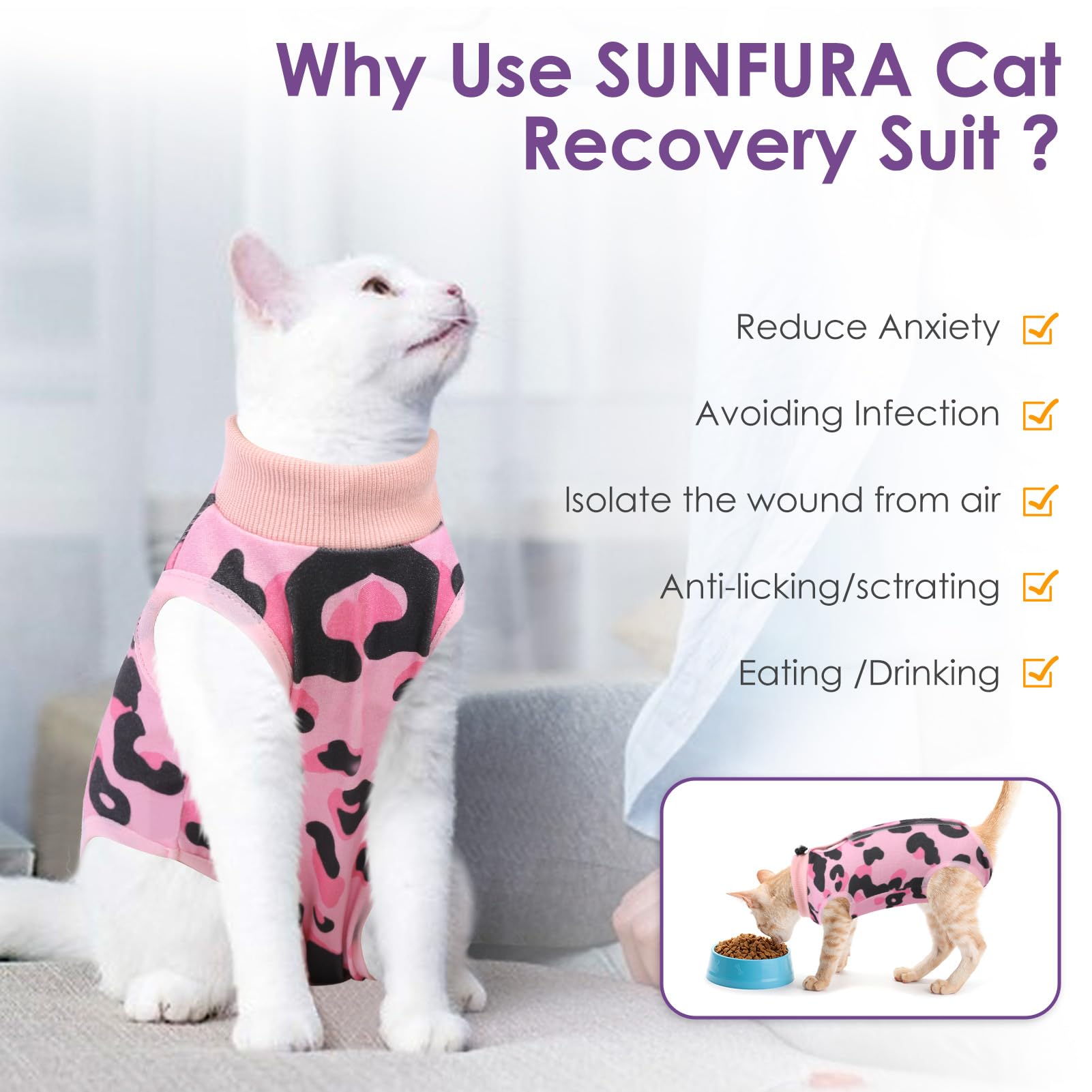 Sunfura Recovery Suit, Onesie For Cats After Surgery, Breathable Surgical Spay Suit For Abdominal Wounds Skin Diseases, E-Collar