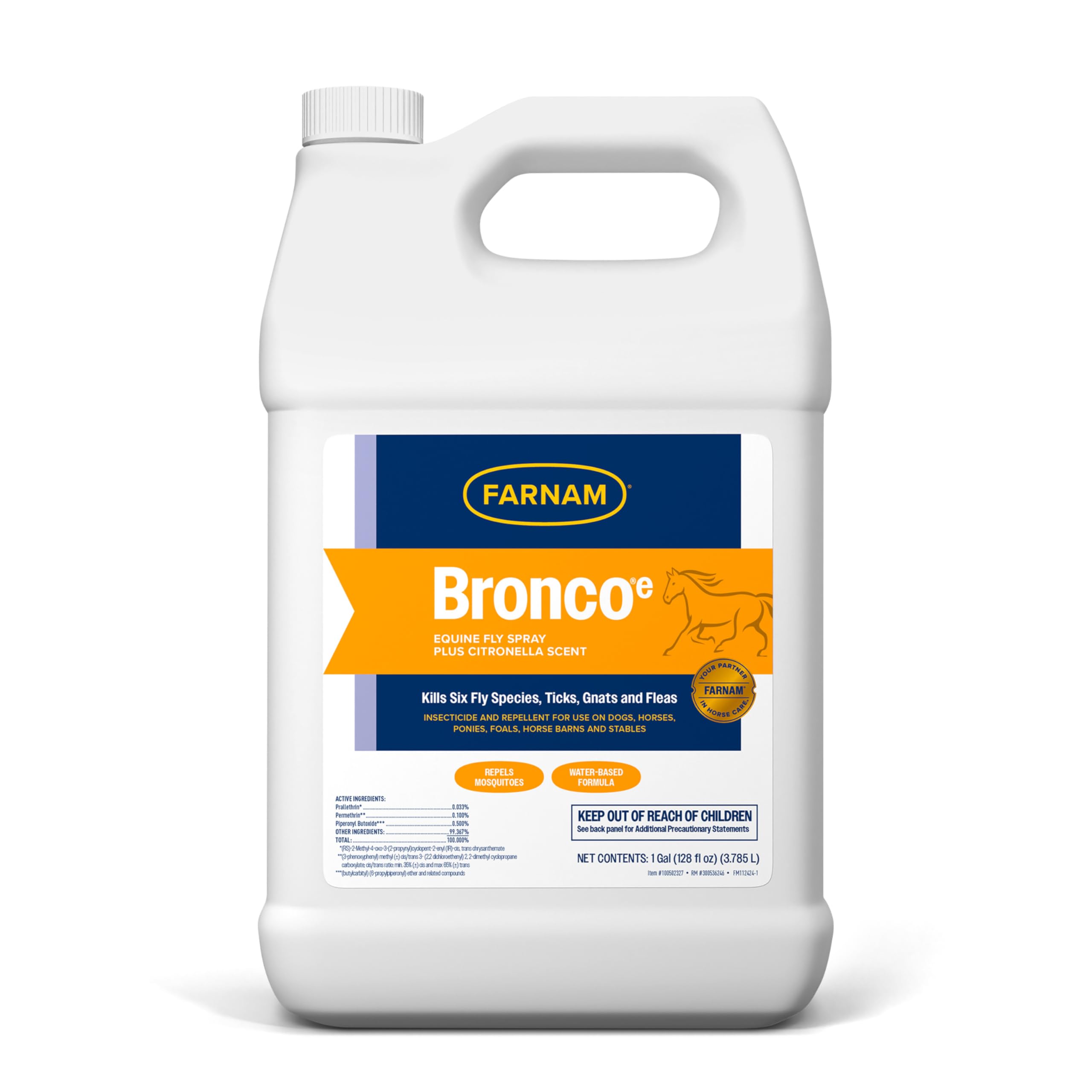 Farnam Bronco E Fly Spray for Horses, Dogs & Premises - Water-Based Fly Spray Kills & Repels Stable, Horse, Deer, House & Horn F