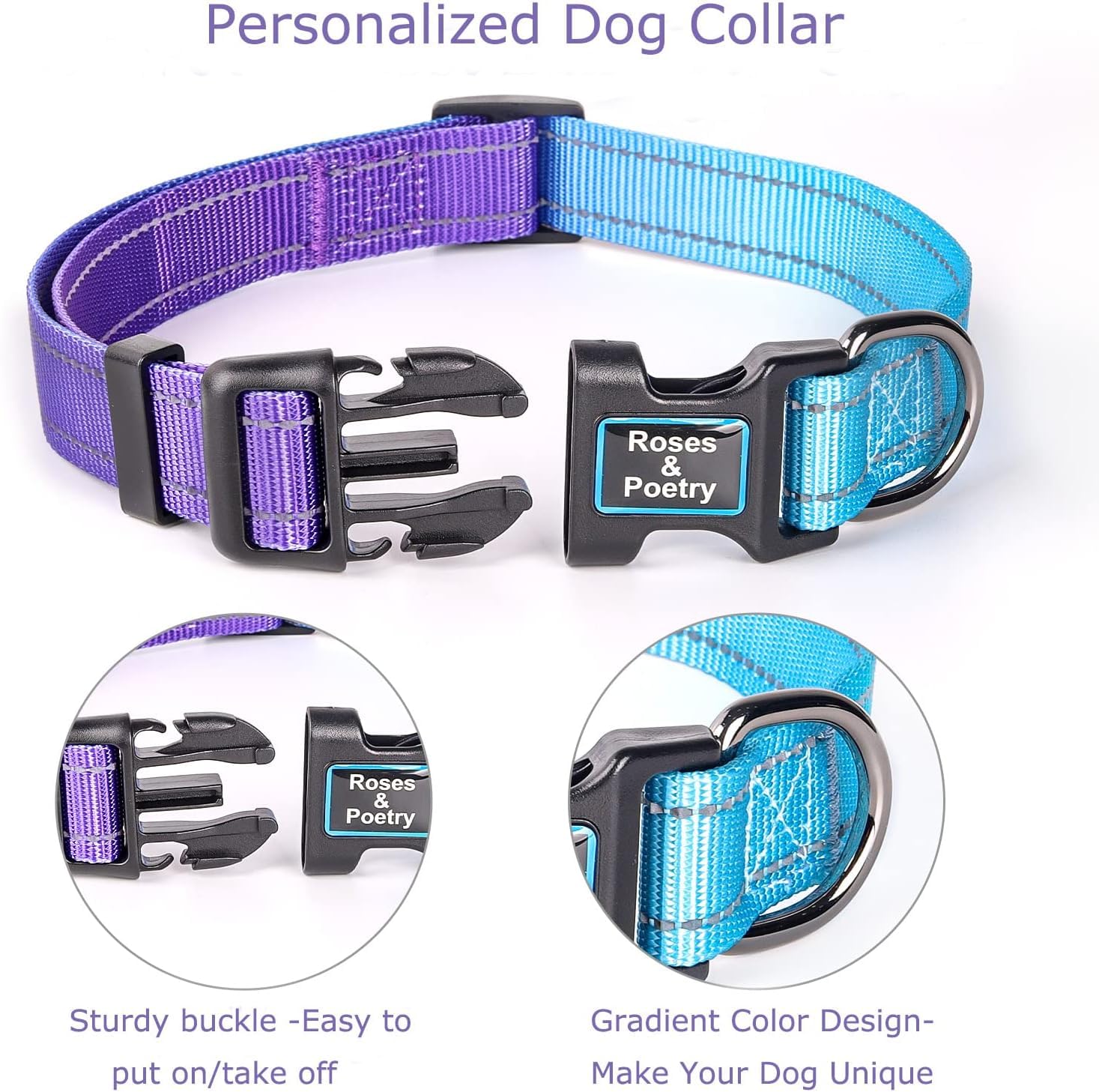 Roses&Poetry Reflective Dog Collar With Gradient Violet, Adjustable Durable Pet Collars For Small Medium Large Dogs (Violet-S)