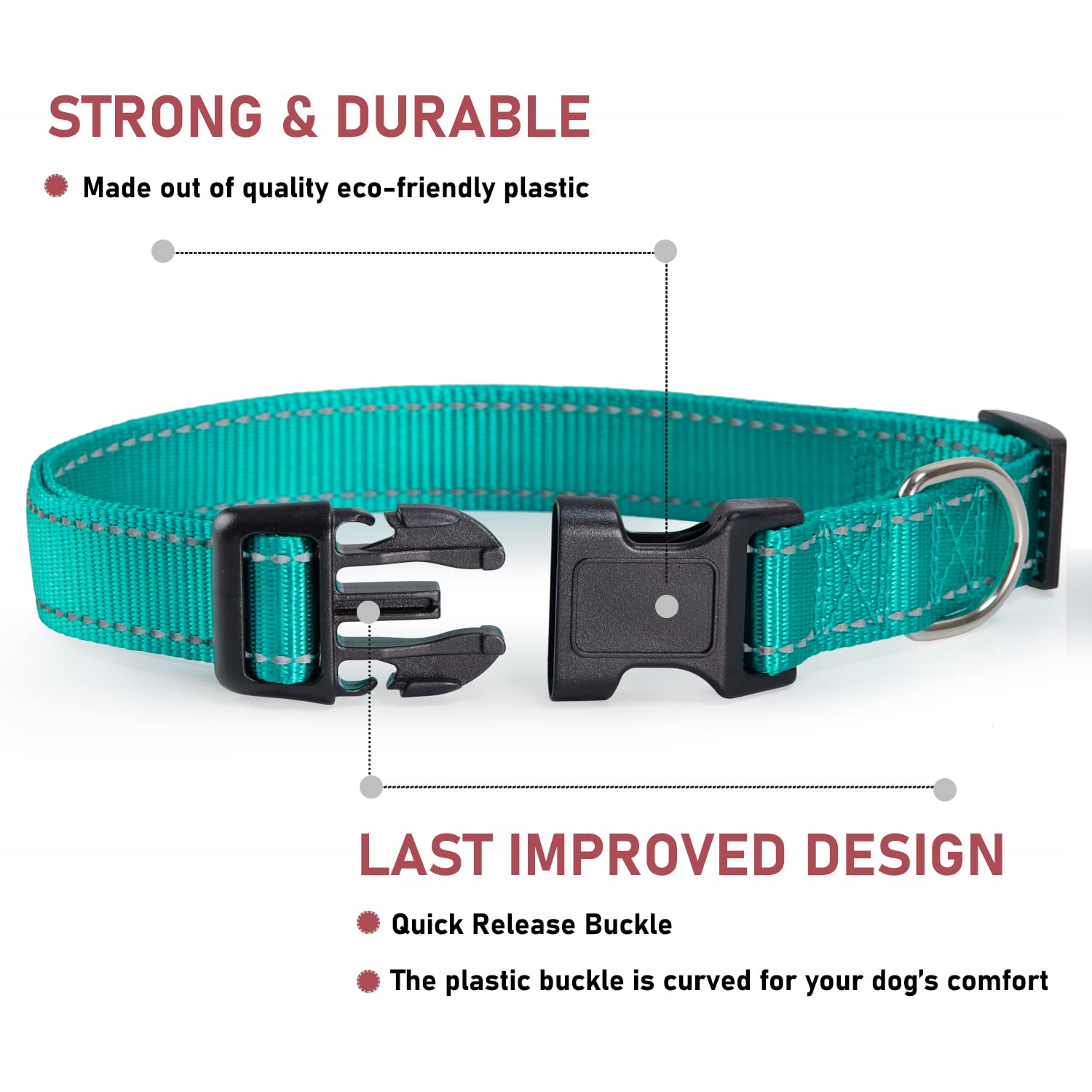 Reflective Dog Collar With Buckle Adjustable Safety Nylon Collars For Small Medium Large Dogs, Teal Xxs