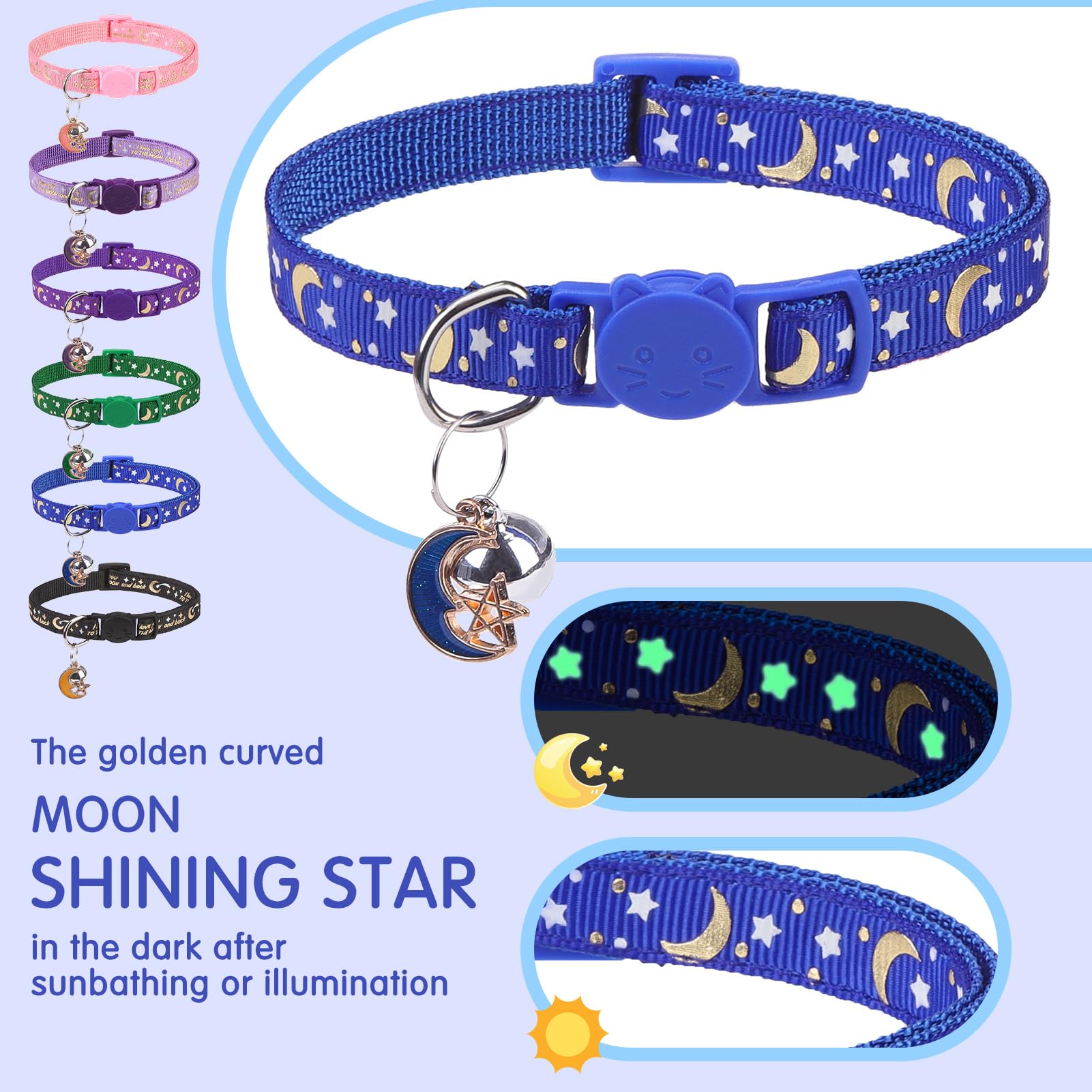 Scenereal Cat Collar With Bells, 12 Pcs Breakaway Cat Collars, Reflective Kitten Collar With Moons And Stars, Adjustable Pet Col