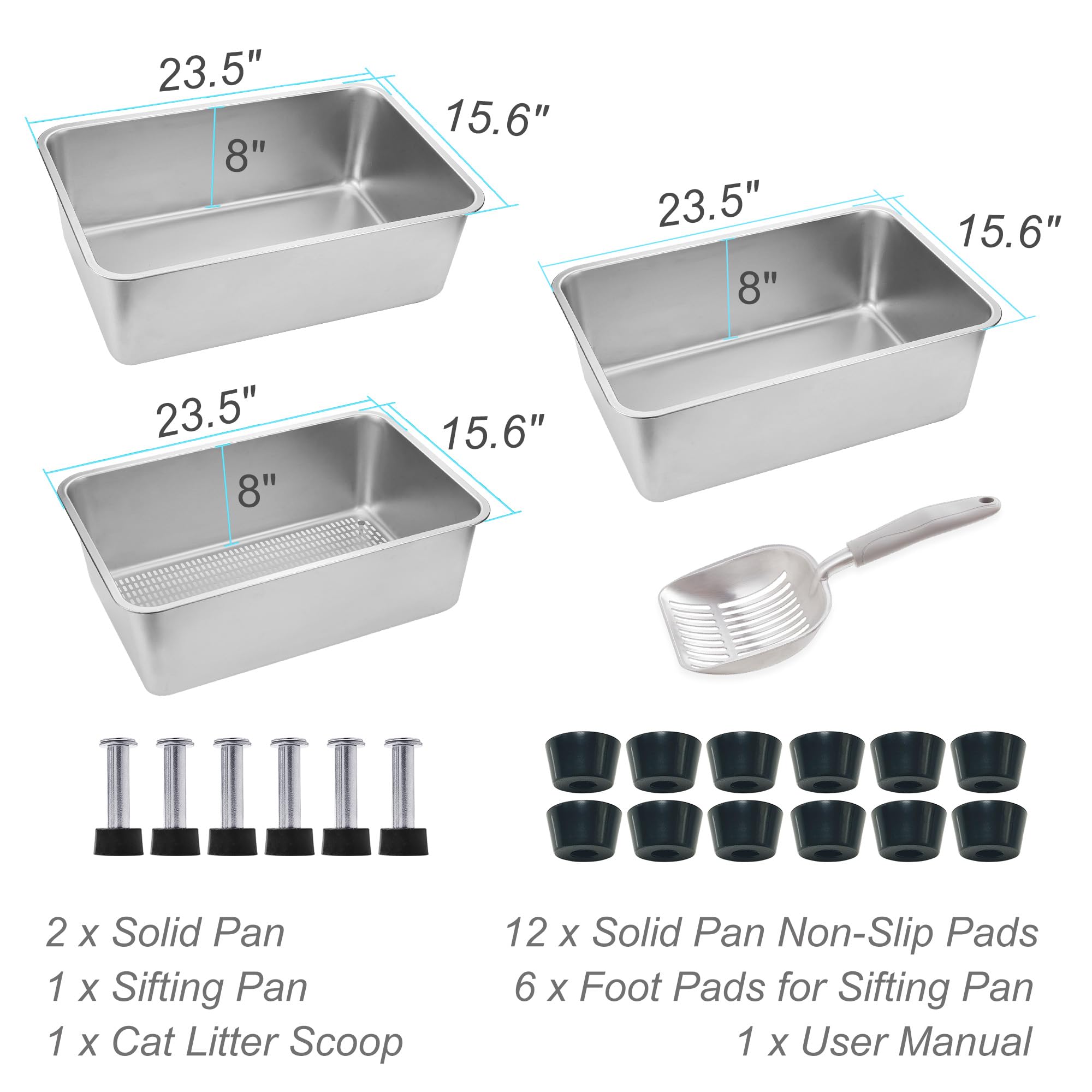 Sorstrem 8" Sifting Cat Litter Box - Stainless Steel, XX-Large, Silver, Model Sor-002S for Clumping Clay & Pine Pellets