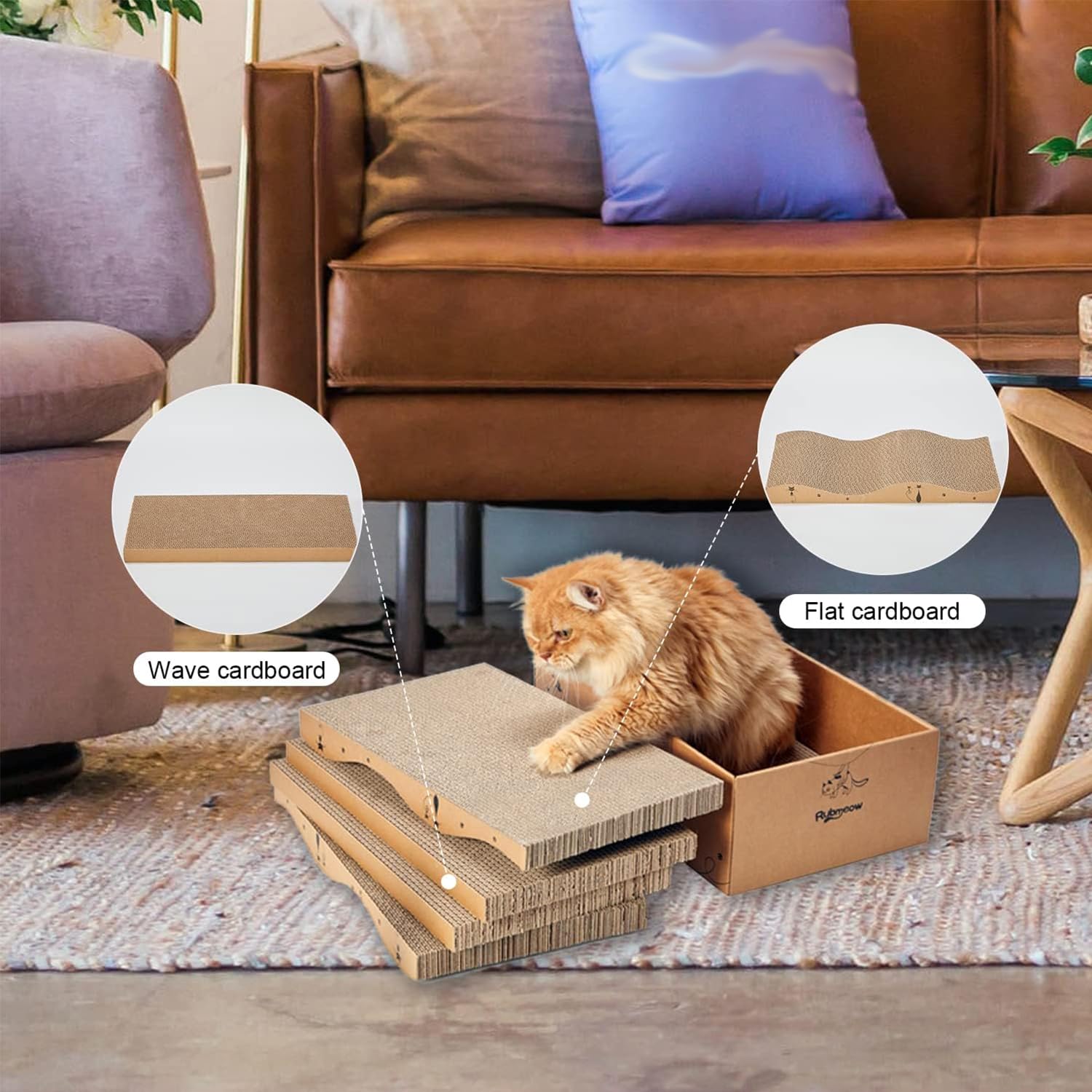 Rubmeow Cat Scratcher Cardboard Scratch Pad Box For Indoor Cats,5Pcs Scratching Board Bed Reversible Durable,With Catnip