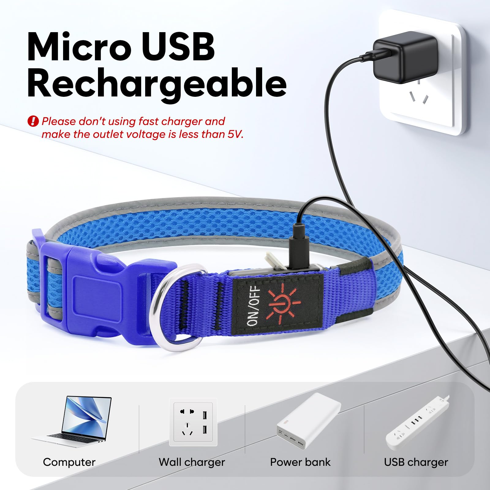 Flashseen Led Dog Collar,Usb Rechargeable Light Up Dog Collar Lights,Adjustable Comfortable Soft Mesh Safety Dog Collar For Small,Medium,Large Dogs(Large, Royal Blue)