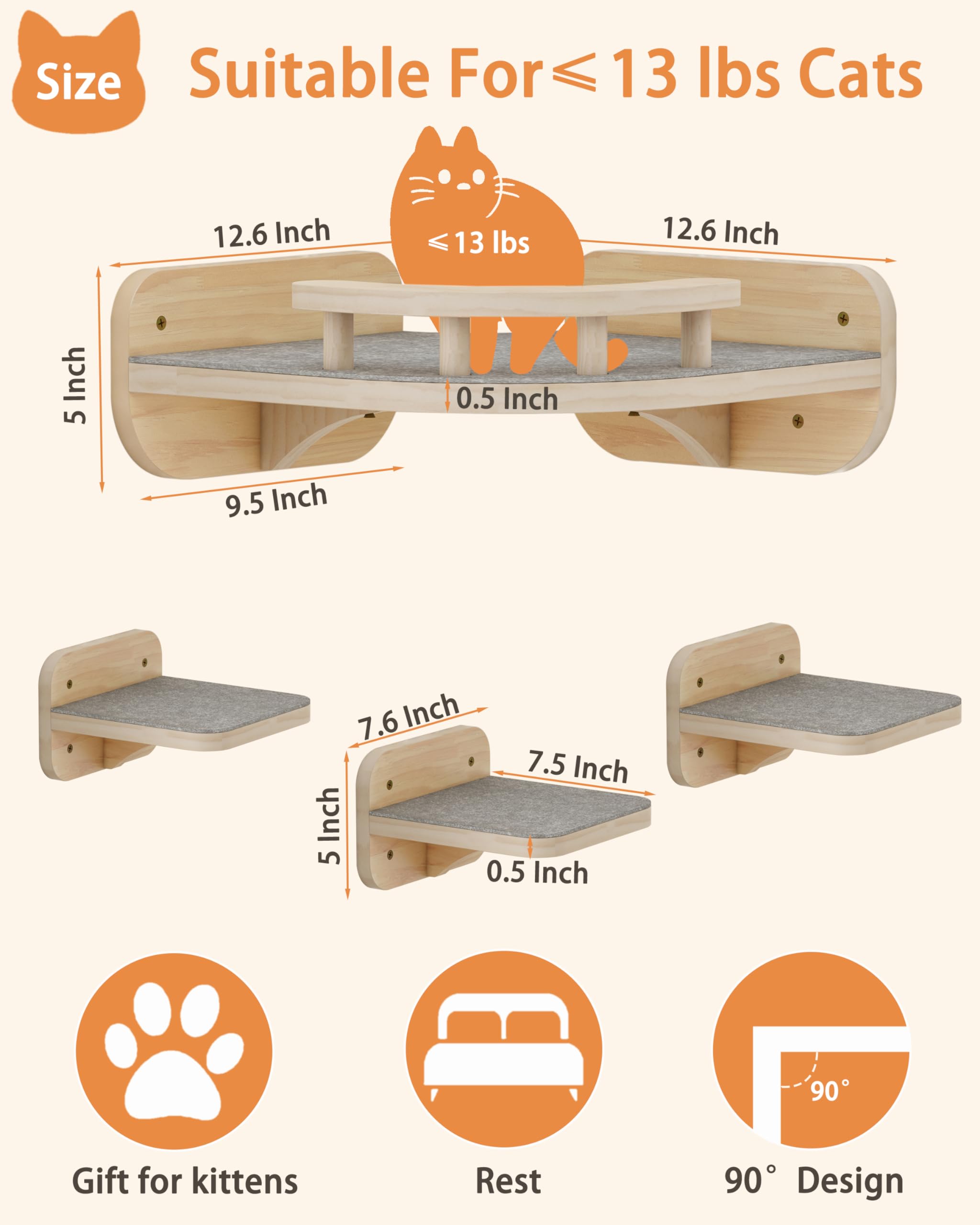 Megidok Cat Wall Furniture - Corner Climbing Shelf with 3 Wide Steps, Wood Color, Model JRX-Cat MW, for Cats up to 22 lbs
