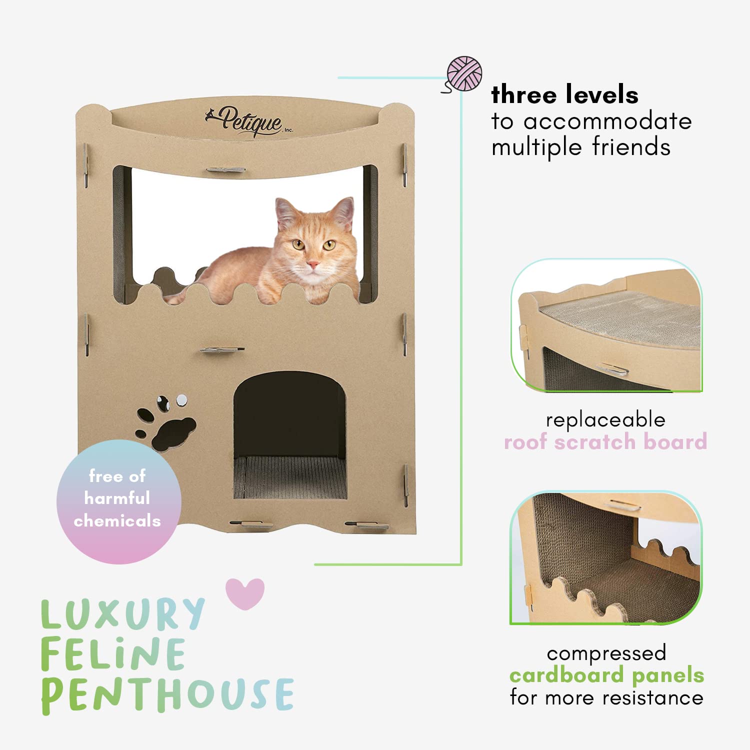 Petique Feline Penthouse Cat House, Sustainable, Safe, Multi-Level, Scratch Boards, Easy Assembly, Non-Toxic, Spacious, Compostable, Biodegradable, Supports Up To 33 Lbs, For Small/Medium Pets
