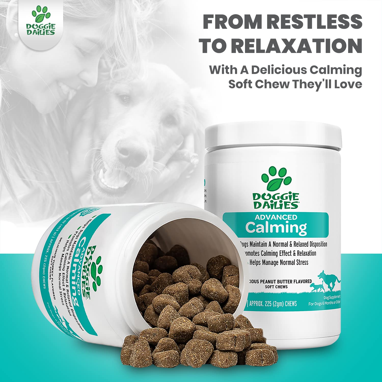 Doggie Dailies Calming Chews For Dogs, 225 Soft Chews, Melatonin For Dogs With Chamomile