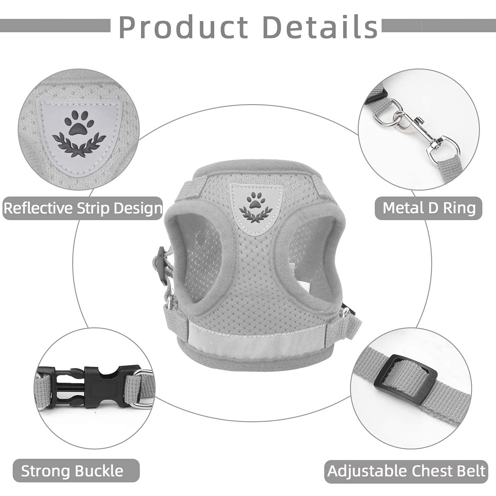 Ncmama Gray X-Small Adjustable Breathable Reflective Harness For Small Cats And Dogs
