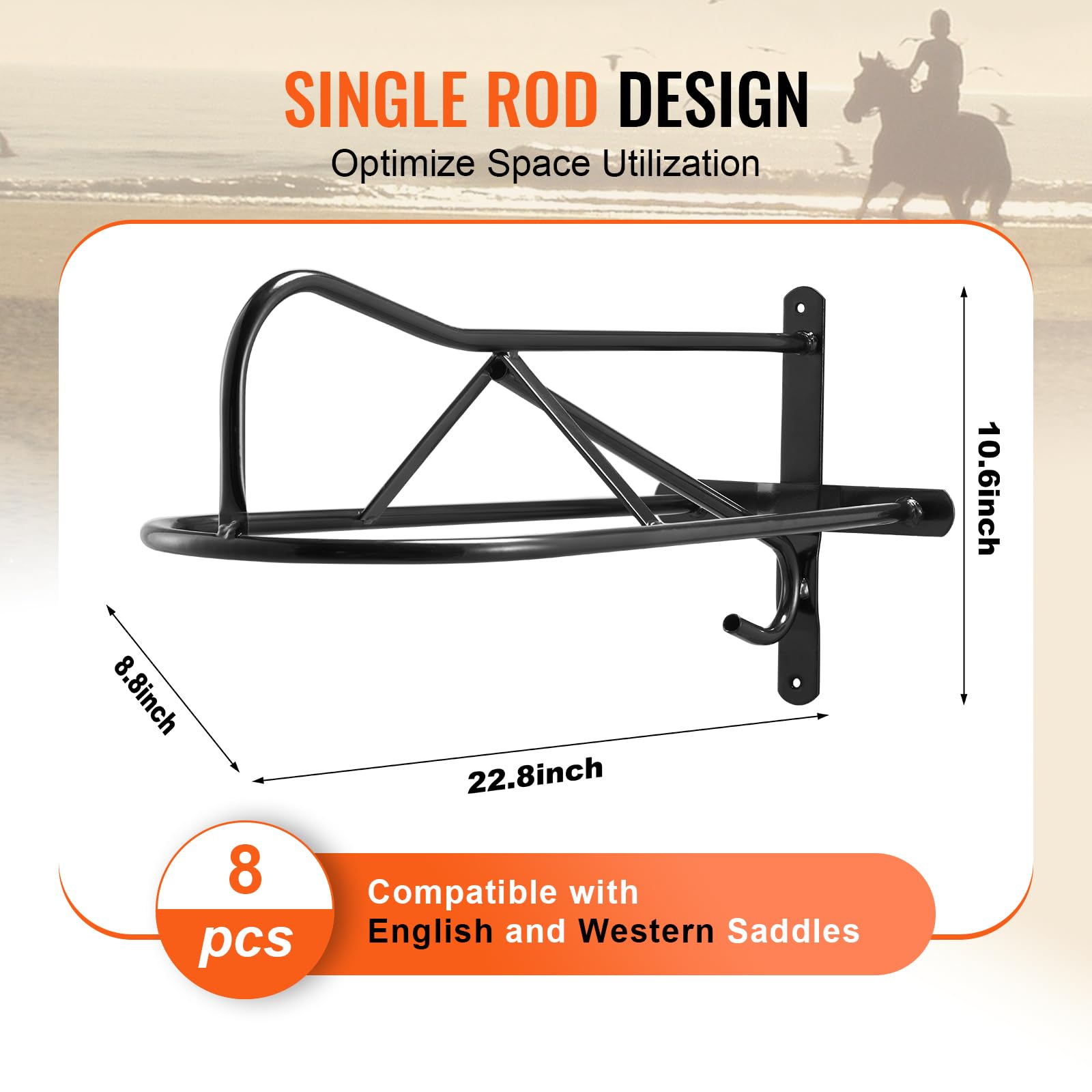 VEVOR Wall Mount Saddle Rack, 27.3 x 16.3 x 12.5 in, 8 Packs Horse Saddle Rack with Pad Bar, Portable Saddle Stand for English &