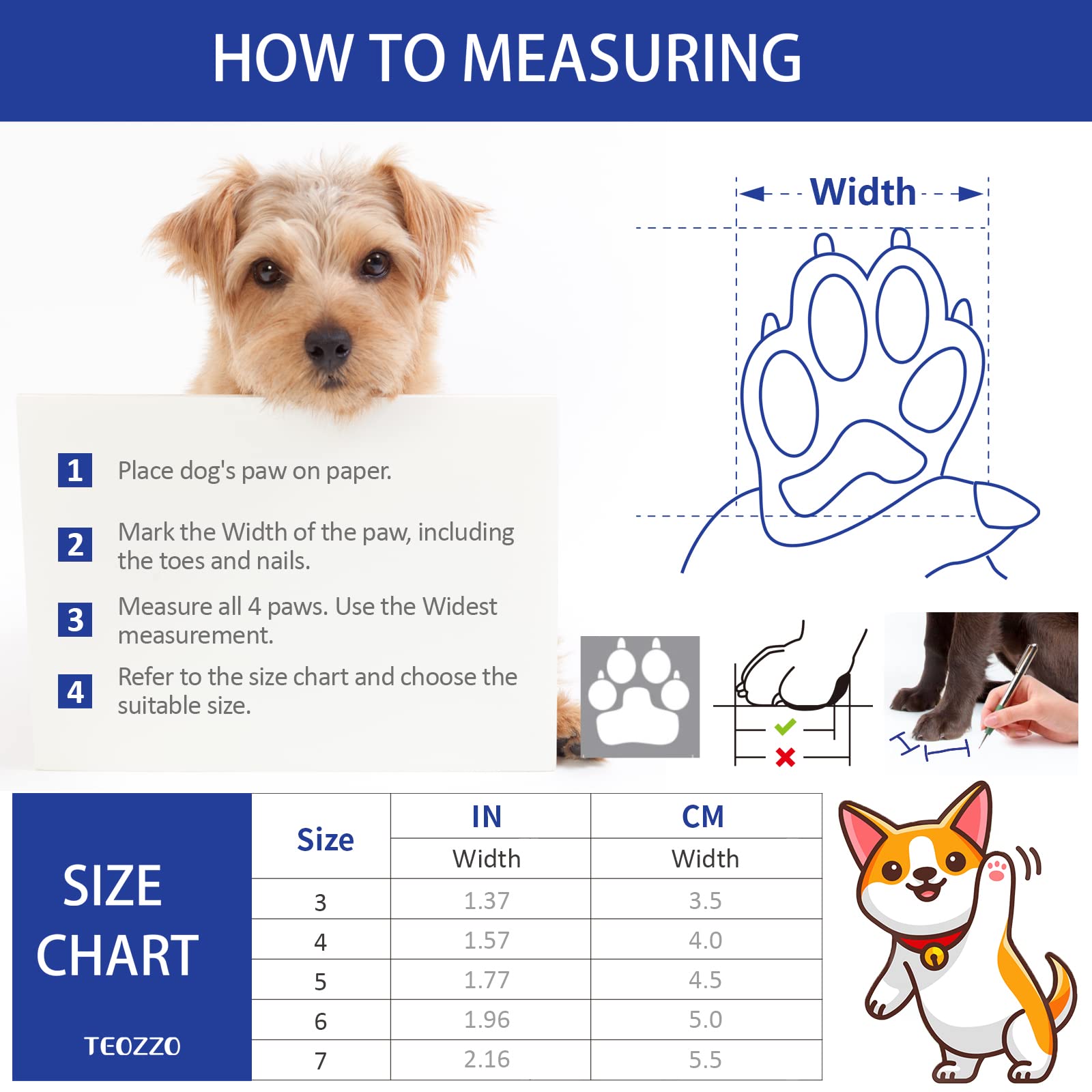 Teozzo Dog Boots & Paw Protector, Anti-Slip Sole Winter Snow Dog Booties With Reflective Straps Dog Shoes For Small Medium Dogs 4Pcs Blue 6