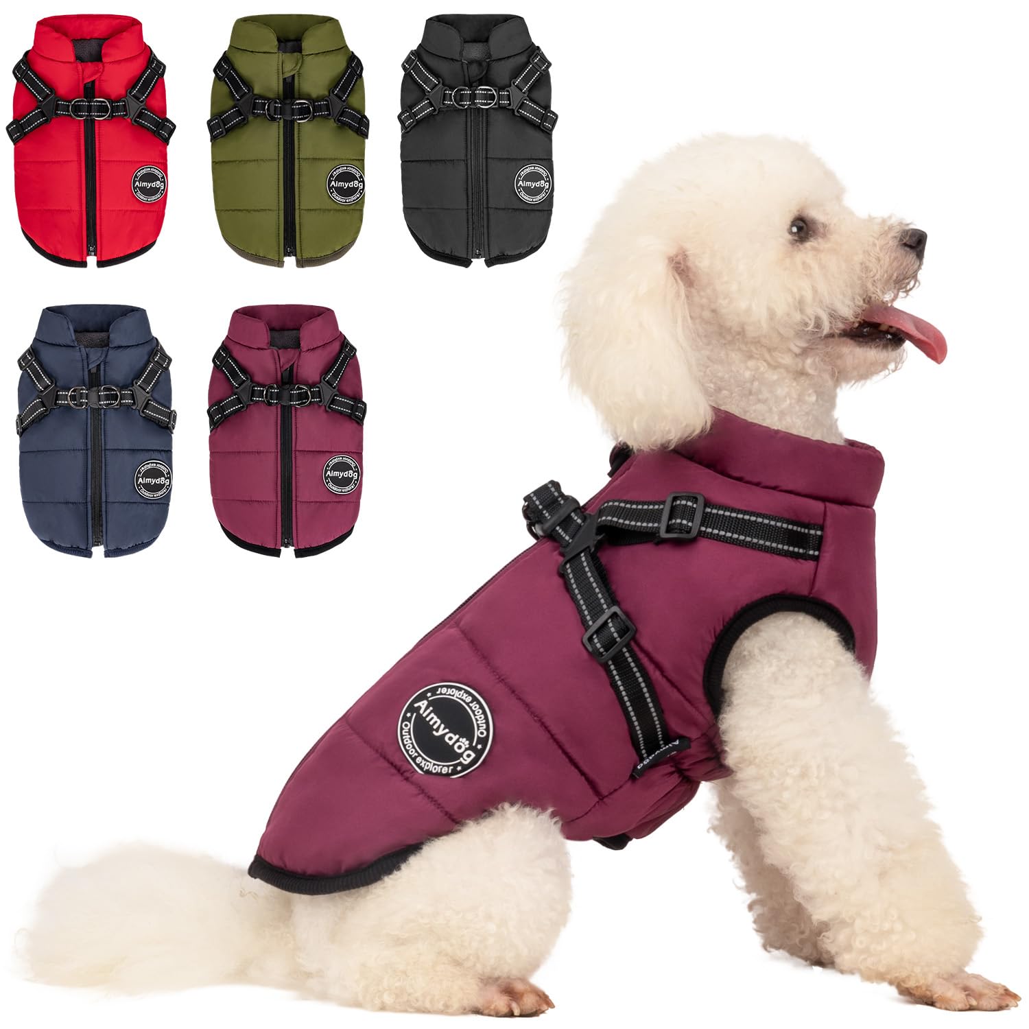 Aimydog Warm Dog Winter Coat, Fashion Sports Dog Cold Weather Jacket With Built-In Harness, Reflective & Adjustable Comfortable 