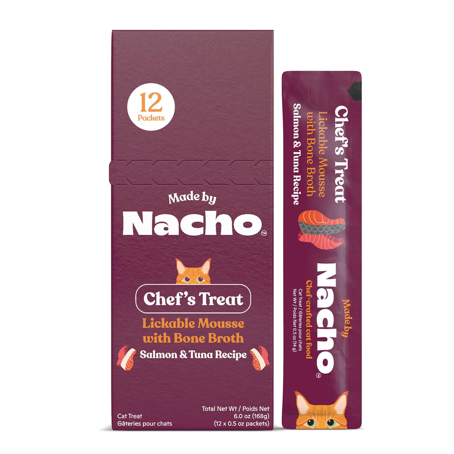 Made by Nacho Lickable Cat Treats Mousse Tubes 12 Count with Bone Broth Salmon & Tuna Recipe (.5 oz) No Grains, Corn, Wheat or S