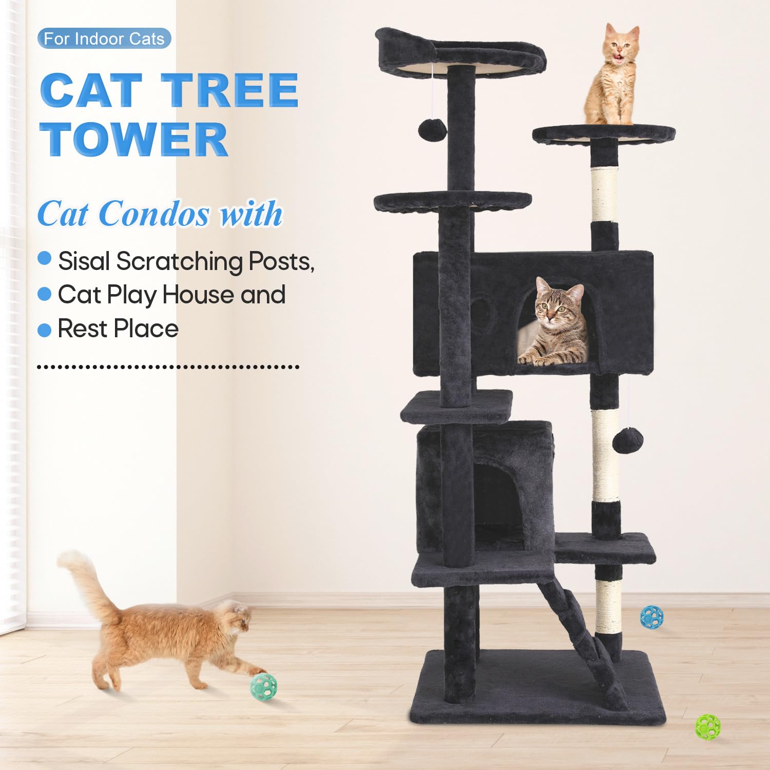 Fdw Cat Tree 54In Cat Tower Multi-Level Durable Cat Scratching Post & Cozy Fun Cat Jumping Platform Space Saving Cat Condo Pet Play House For Indoor Cats,Dark Gray