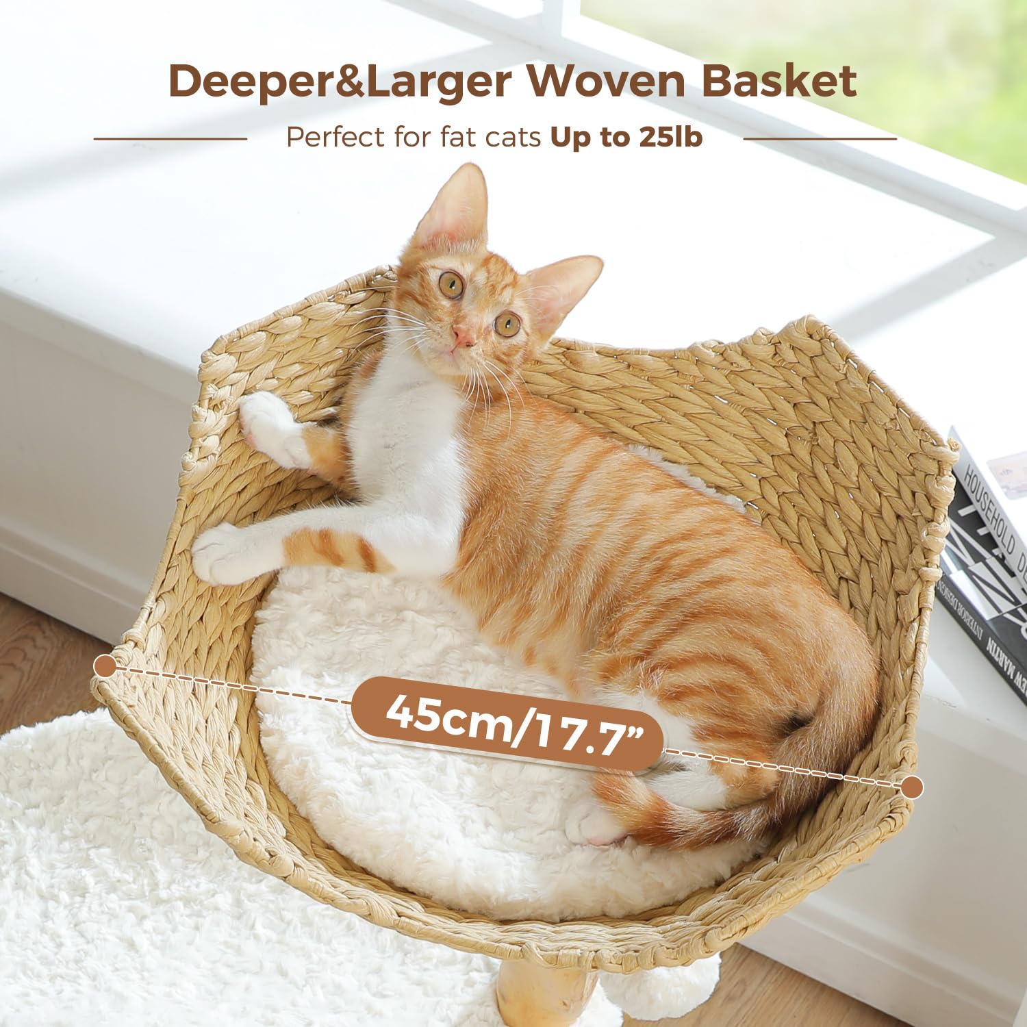Pawz Road Cat Tree For Indoor Cats Large Adults,38 Inches Modern Cat Tree Tower With Spacious Wicker Basket,Natural Solid Wood S
