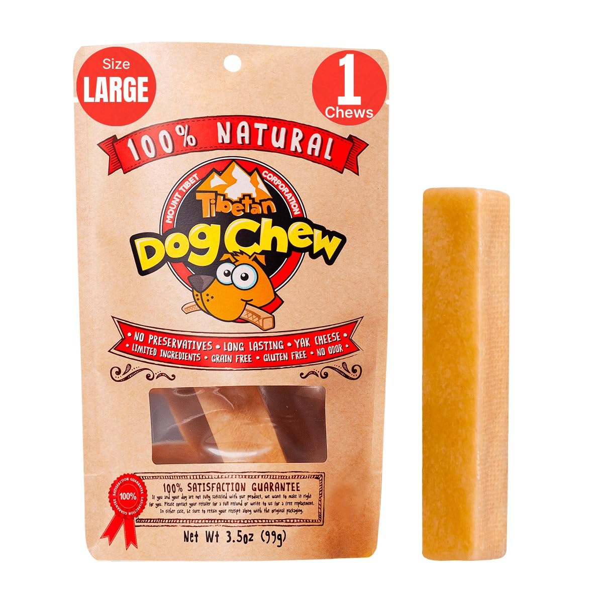 Tibetan Dog Chew Yak Cheese Sticks (1 Large Chew) - Natural, Handmade Large Dog Treats, Long-Lasting, Easy Digest, Ideal for Agg