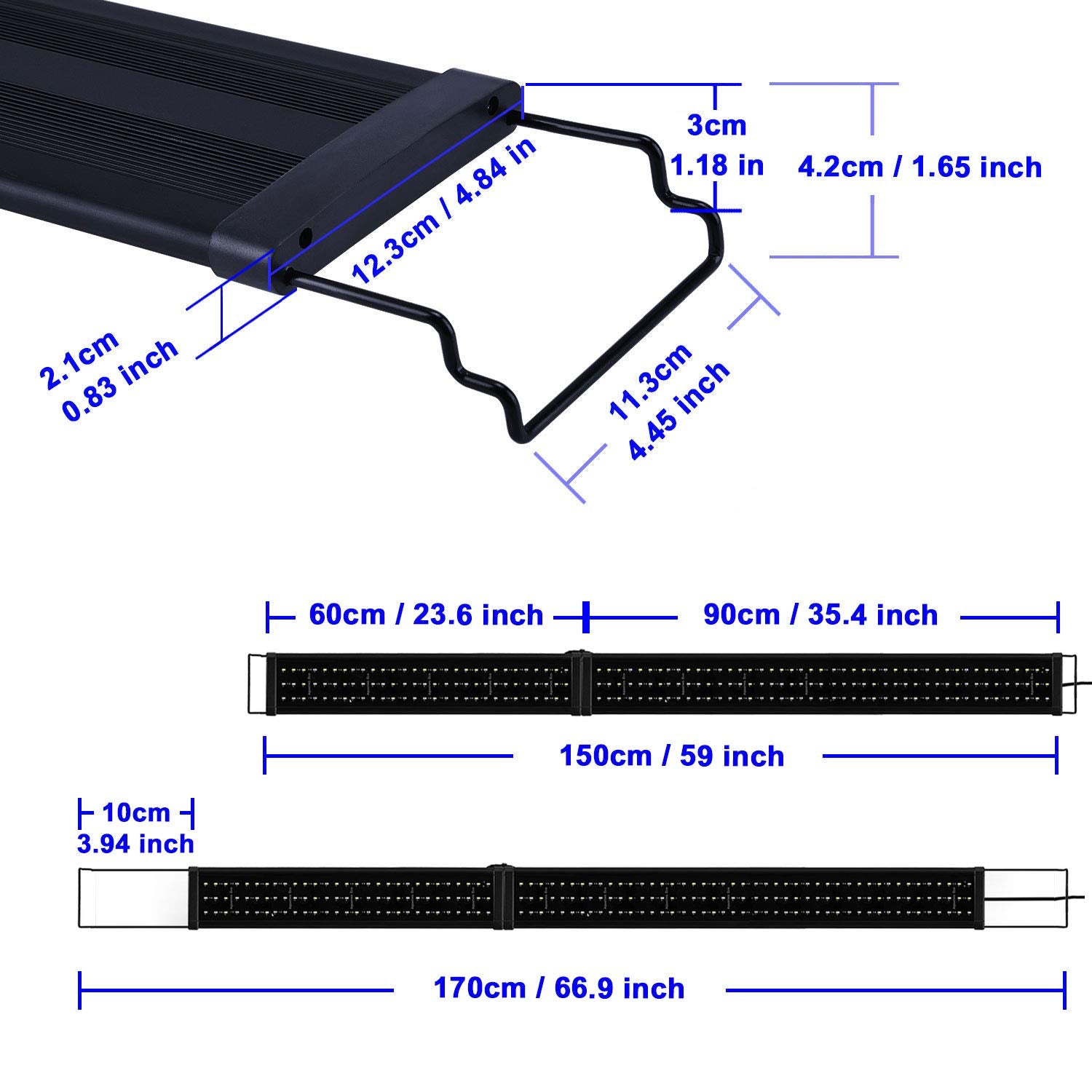 Kzkr Led Aquarium Light 60-72 Inch Foldable Adjustable Fish Tank Light Hood Lamp For Freshwater Saltwater Marine Blue And White Decorations Light 5-6Ft 150Cm - 180Cm