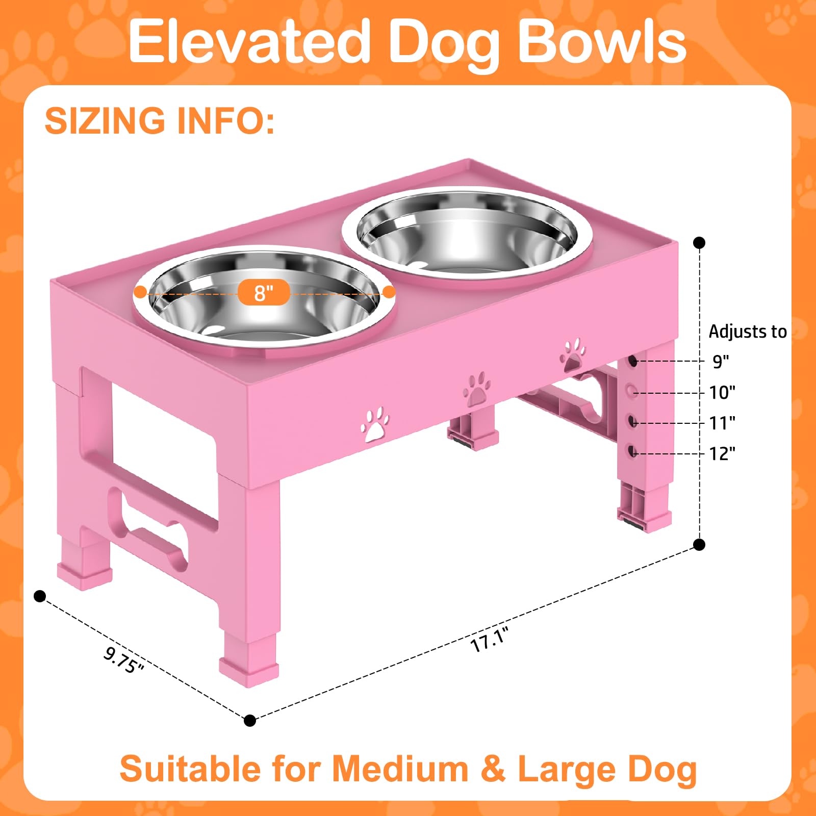 LAKIPETN Elevated Dog Bowls with 2 Stainless Steel Bowls, Raised Dog Food Bowl Stand 5 Height Adjustable (3.1 , 9 , 10 , 11 , 12
