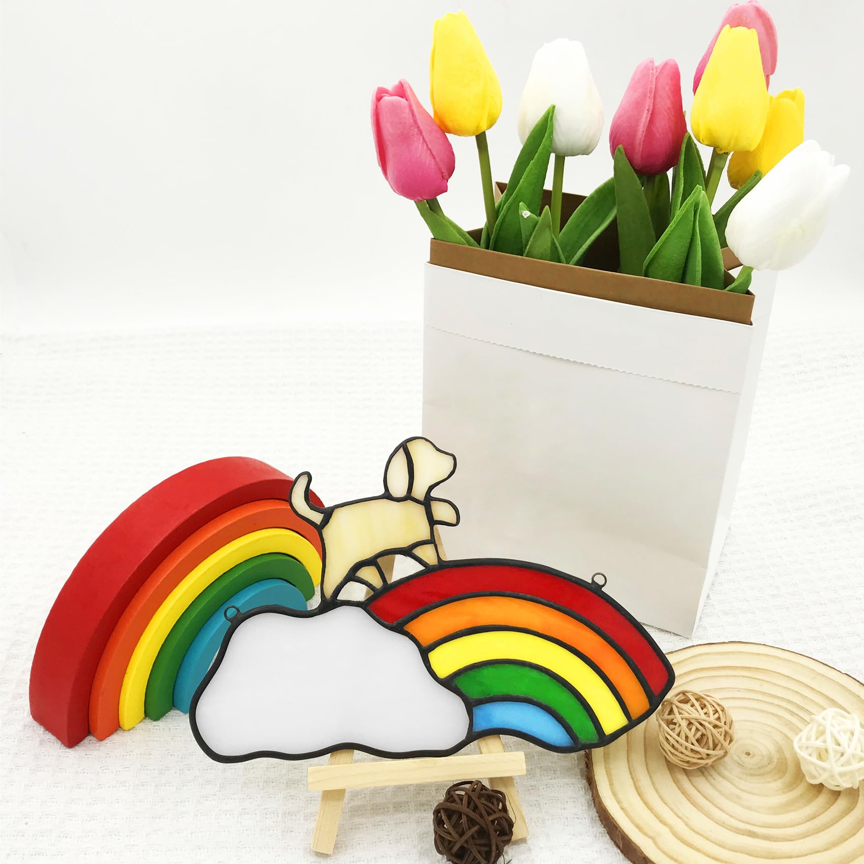 Lcensp Stained Glass Rainbow Bridge Pet Memorial Gifts For Dogs,Yellow Dog Memorial Gifts For Loss Of Dog,Suncather For Window H