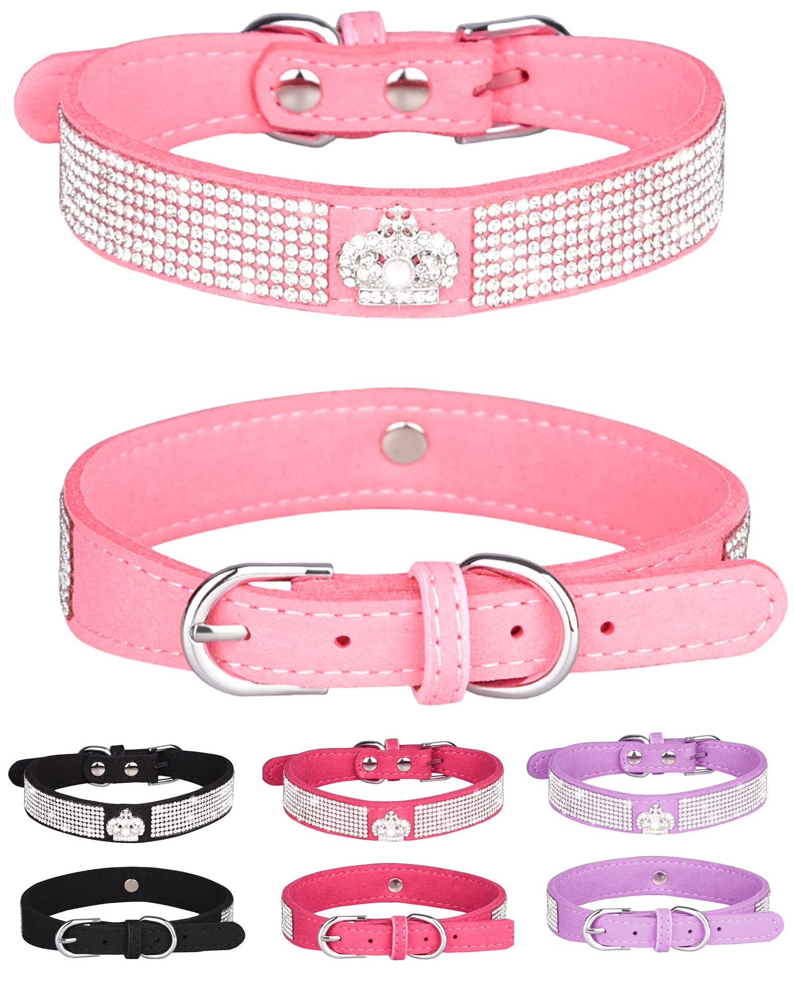 Dog Collar For Small Dogs, Adjustable Leather Suede Bling Dog Collars,Pink Dog Collar Cat Collar, Rhinestone Dog Collar (S, Pink