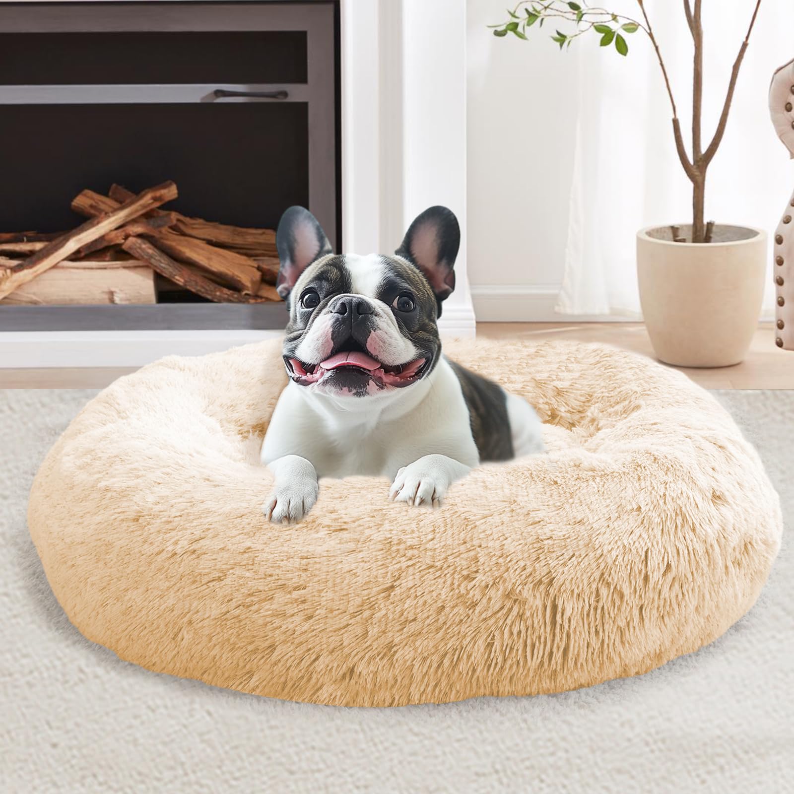 Jollyvogue Calming Dog & Cat Bed For Large Dogs, Anti-Anxiety Donut Cuddler Cozy Soft Round Bed With Anti-Slip Bottom, Fluffy Fa