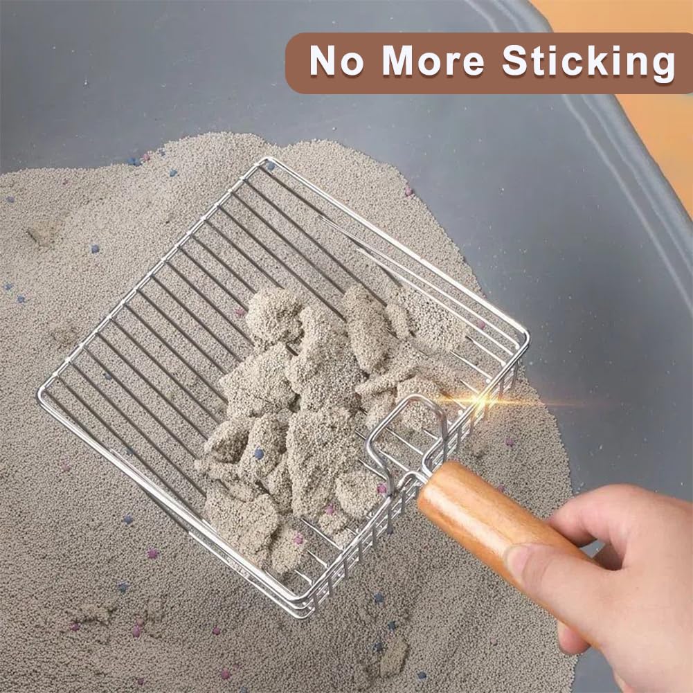 Pilarmuture Cat Litter Scoop,Stainless Steel Durable Wooden Handle,Solid Durable Kitty Litter Scoop Easy To Scoop,Polished Smoot