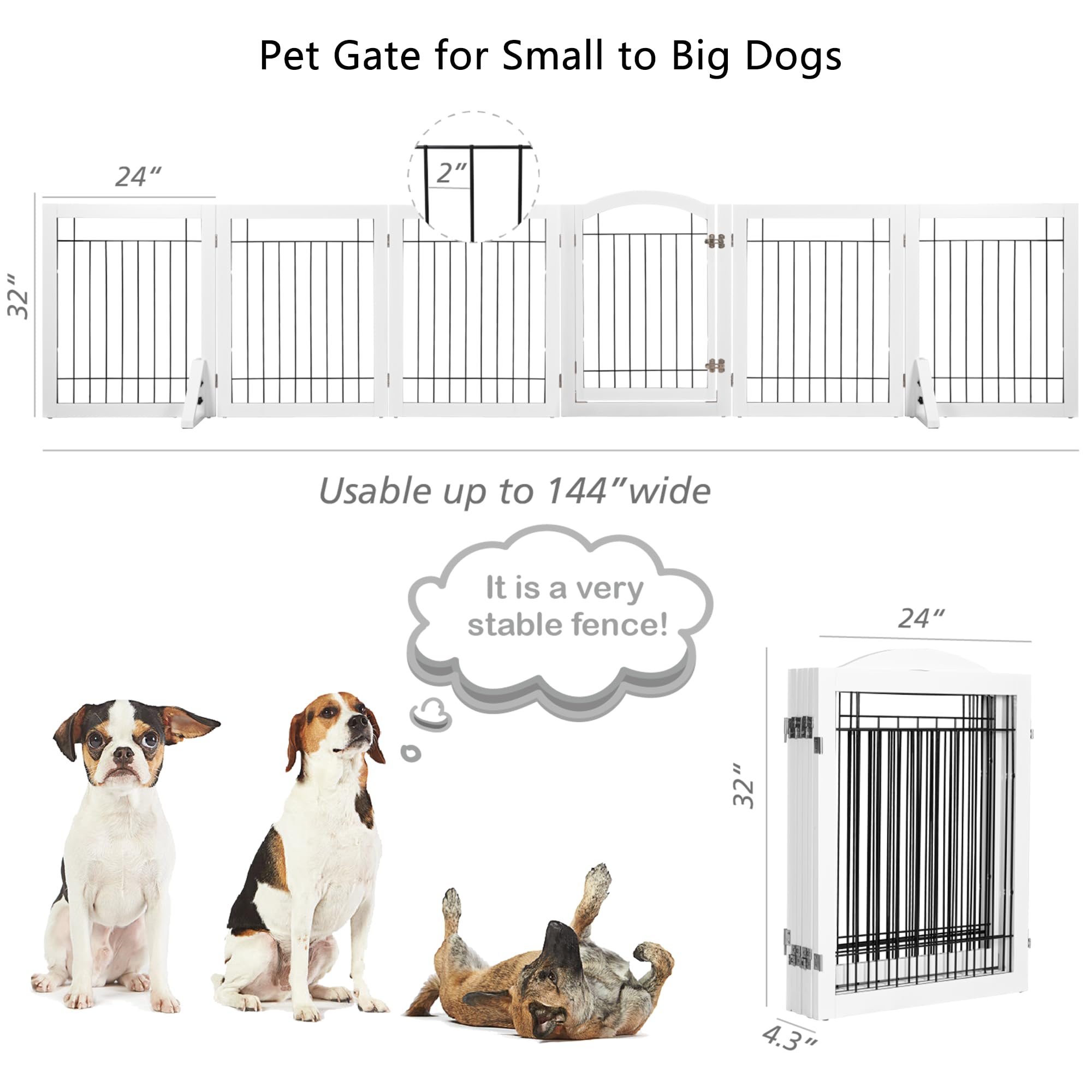 Pawland 144-Inch Extra Wide 30-Inches Tall Dog Gate With Door Walk Through, Freestanding Wire Pet Gate For The House, Doorway, Stairs, Pet Puppy Safety Fence, Support Feet Included, White,6 Panels