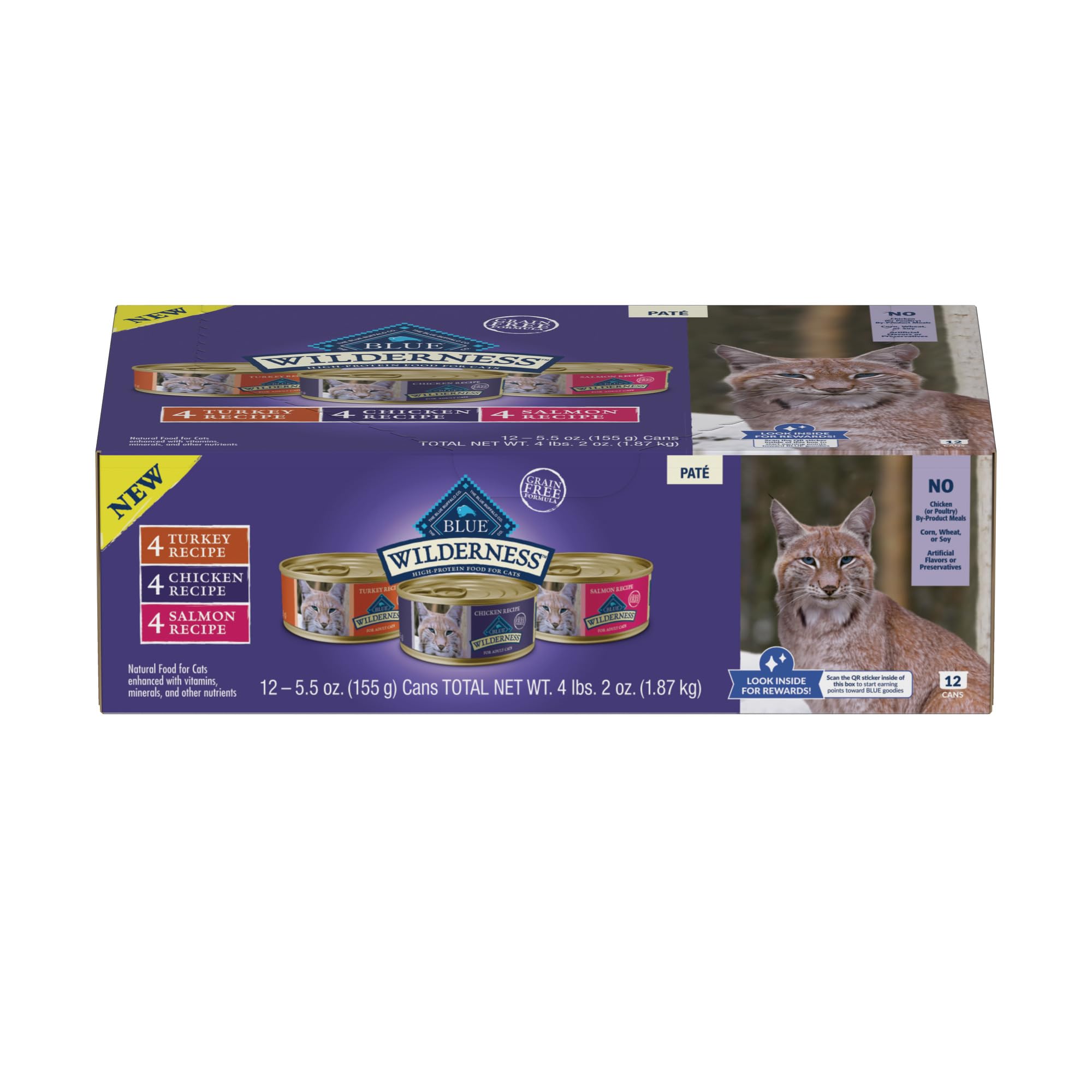 Blue Buffalo Wilderness High Protein, Natural Adult Pate Wet Cat Food Variety Pack, Chicken, Salmon, Turkey 5.5-oz can (12 count