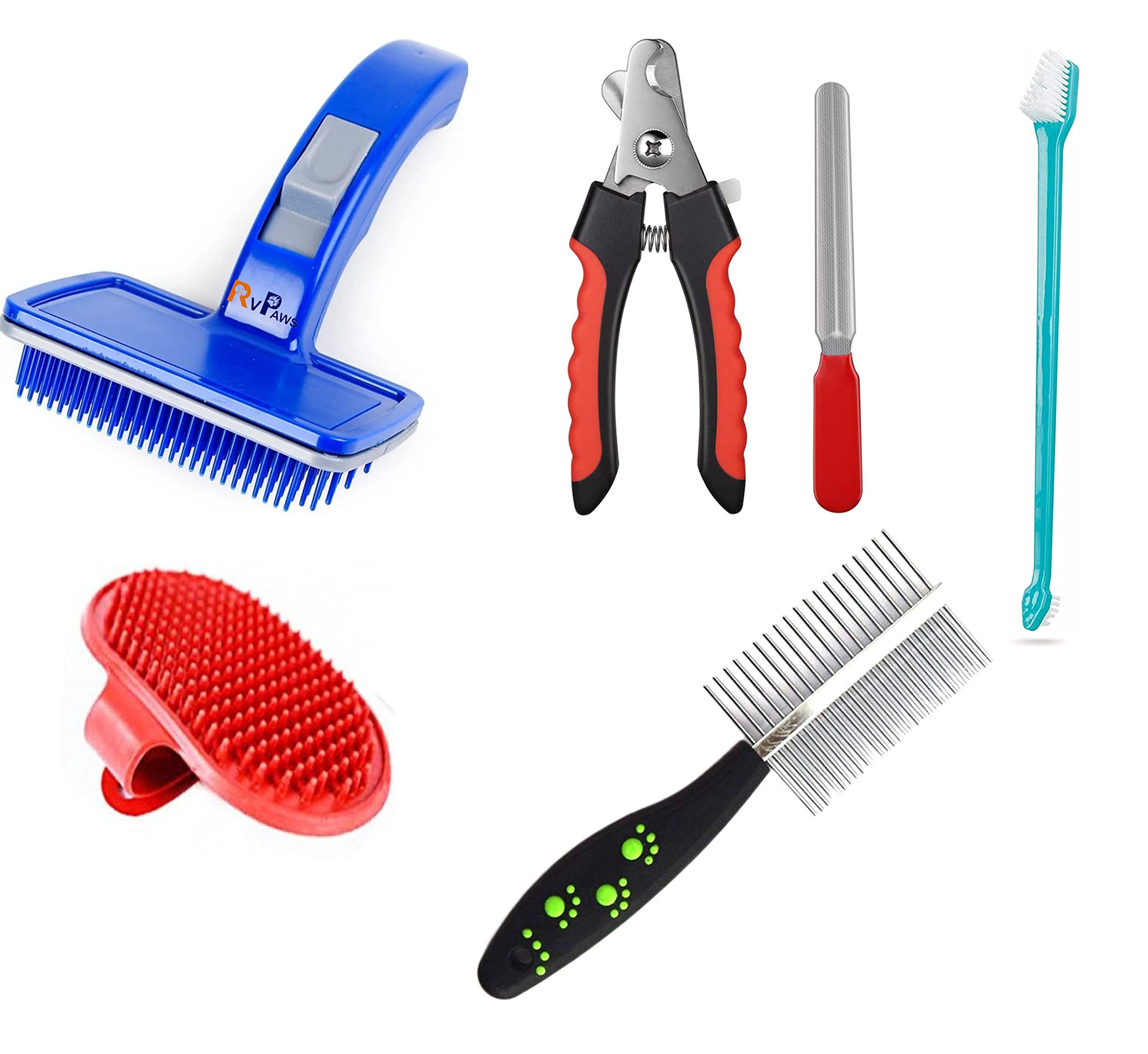 Rvpaws 6 In 1 Dog Grooming Kit Bath Brush| | Toothbrush | Double Side Comb | Nail Cutter | Nail Filler | Pet Self Cleaning Slick