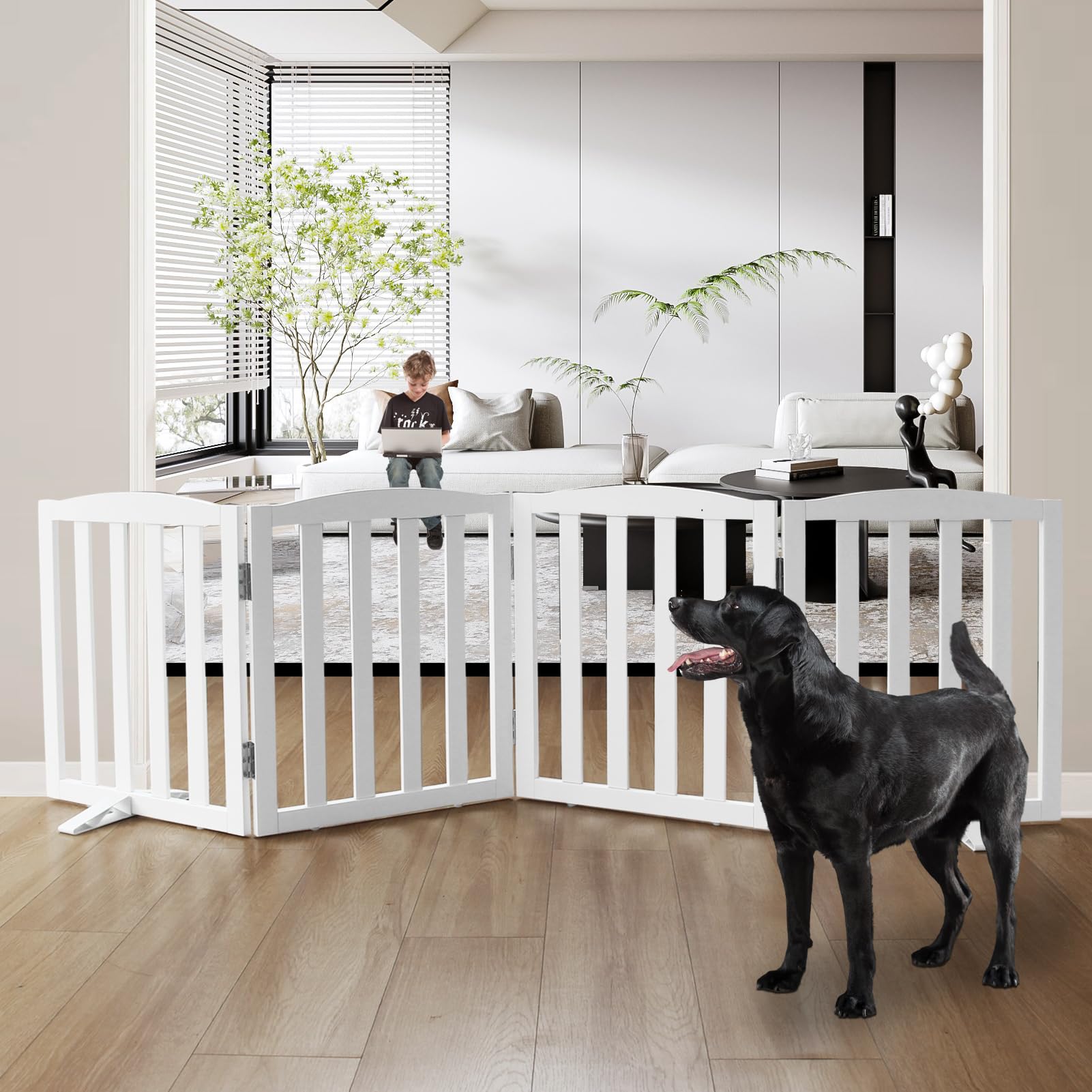 SFJC Freestanding Dog Gate Indoor,Doggie Gate Foldable Dog Gates for Doorways,Stairs or Hallways, Wooden White Pet Gate for The 