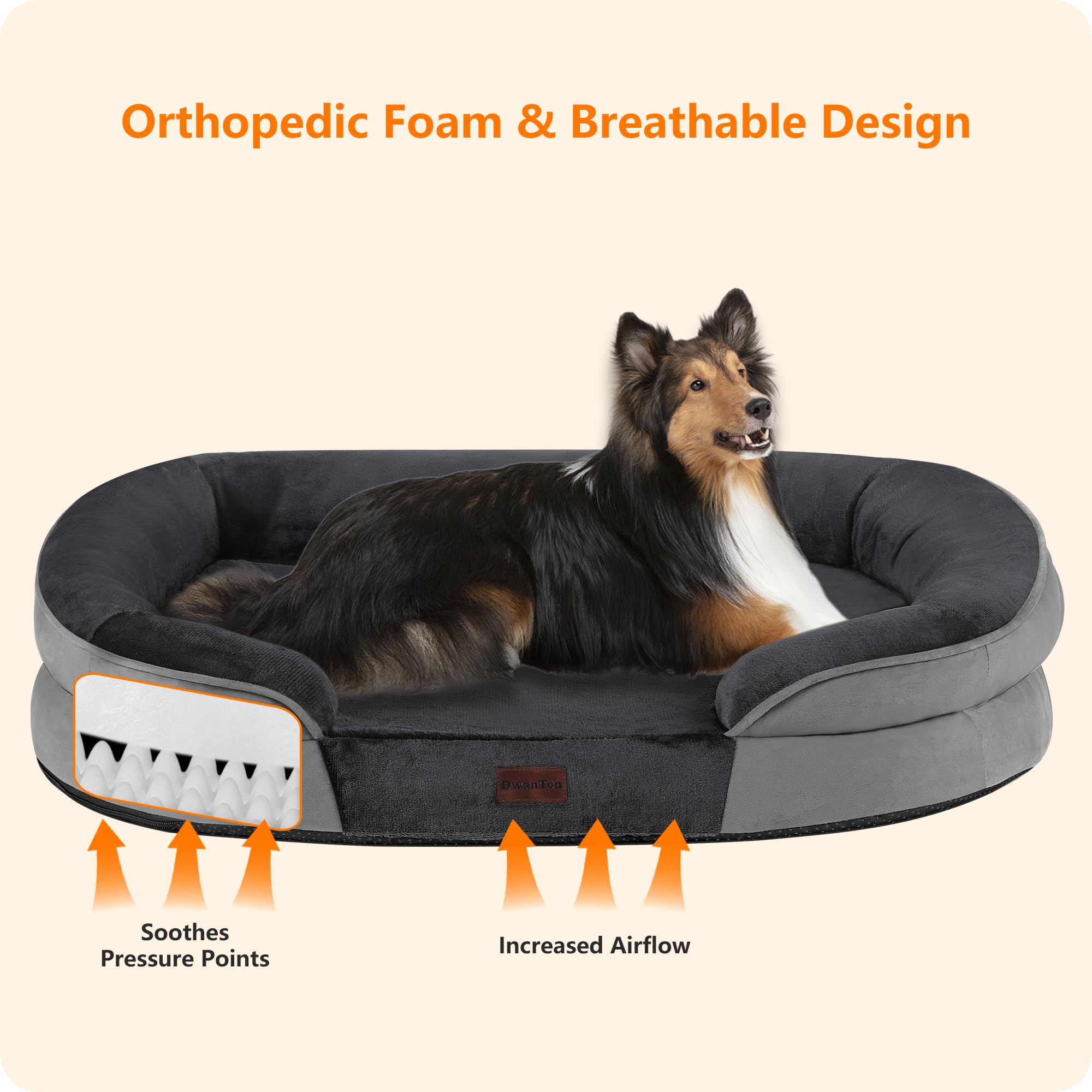 Dwanton Large Orthopedic Dog Bed, Waterproof Egg Foam Support, Washable, Dark Gray, 38" x 28.5" x 6", Non-Slip Bottom with Bolster Cushion