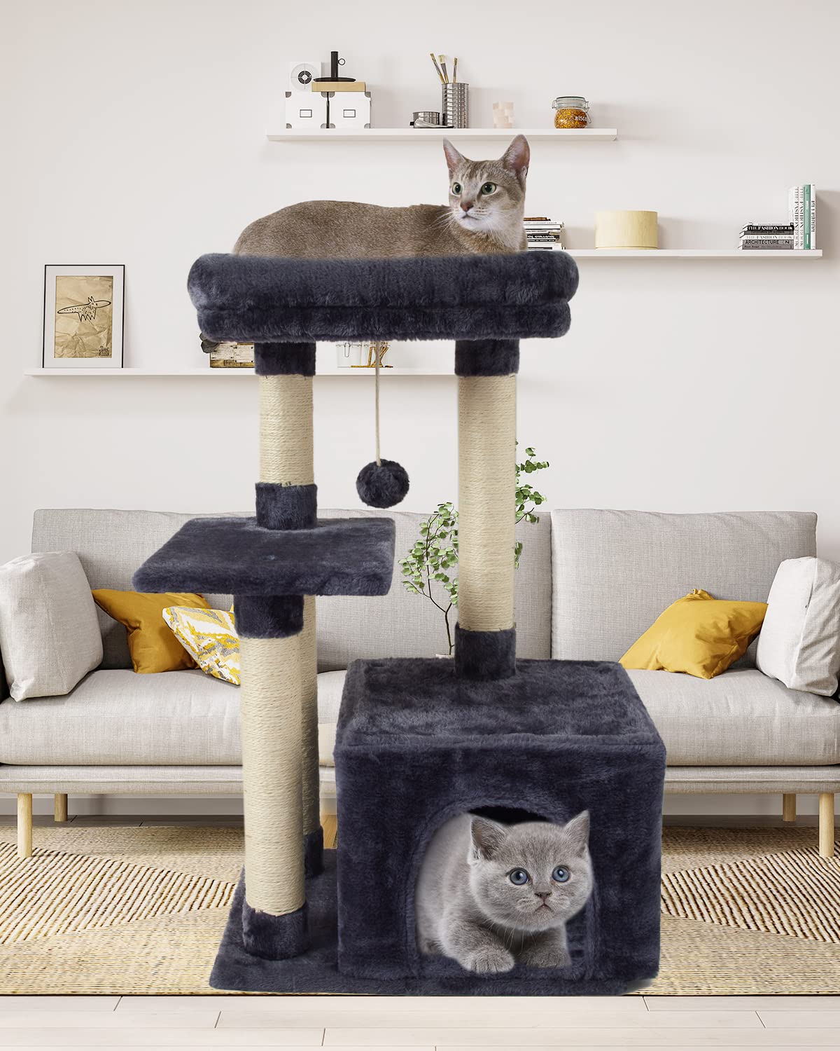 FISH&NAP Cat Tree Tower - Indoor Condo with Sisal Scratching Posts, Jump Platform, Smoky Grey