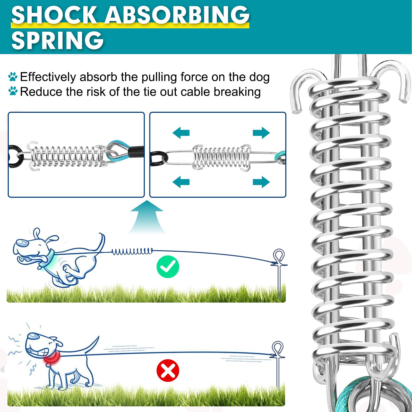 Snagle Paw Dog Lead Cable 20Ft,Heavy Duty Outside Dog Leash Cable With Shock Absorbing Spring & Swivel Hook,Dog Tether For Yard,
