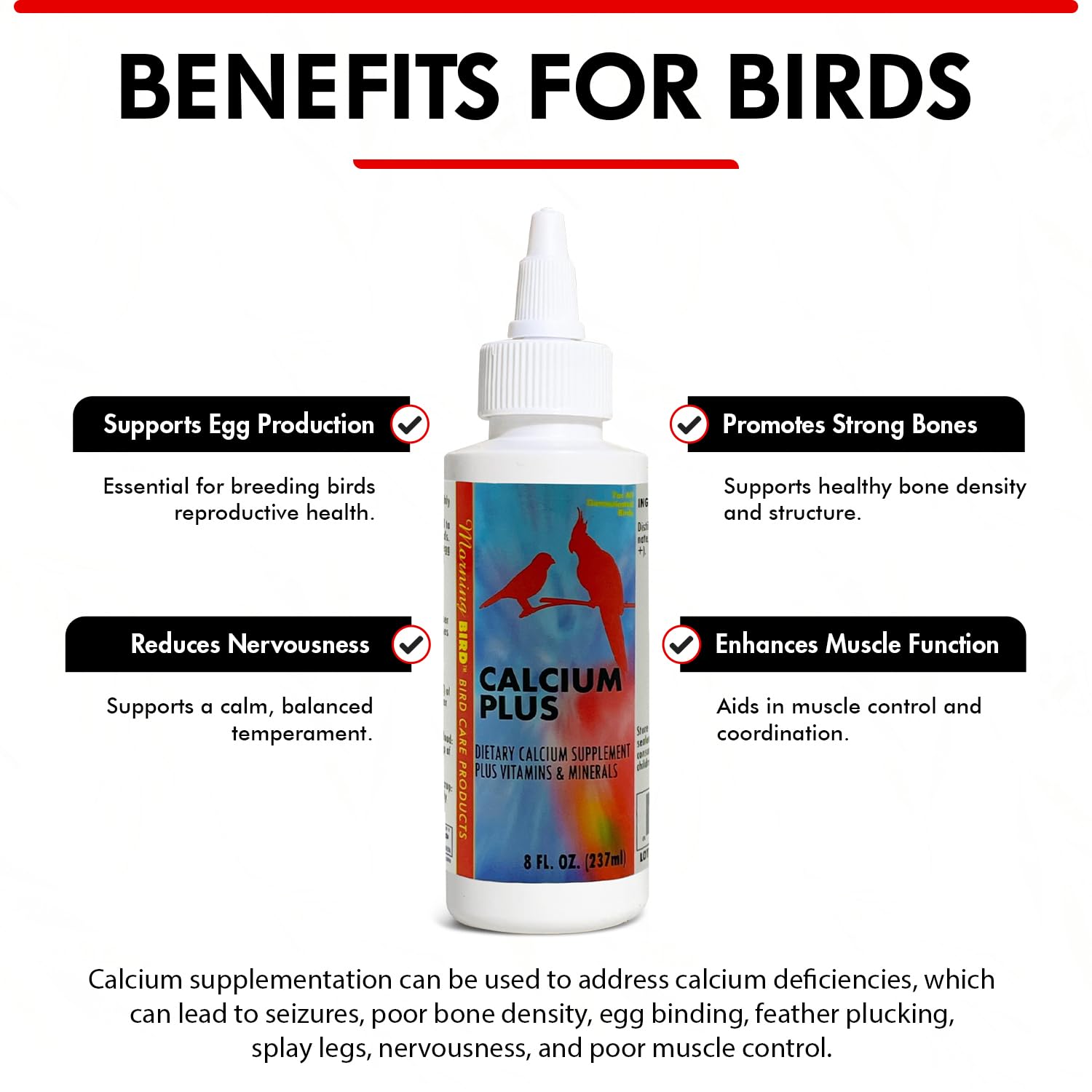 Morning Bird Calcium Plus Liquid for Birds - 8 Fl Oz, Supports Eggshell Strength and Healthy Growth, Model MB046