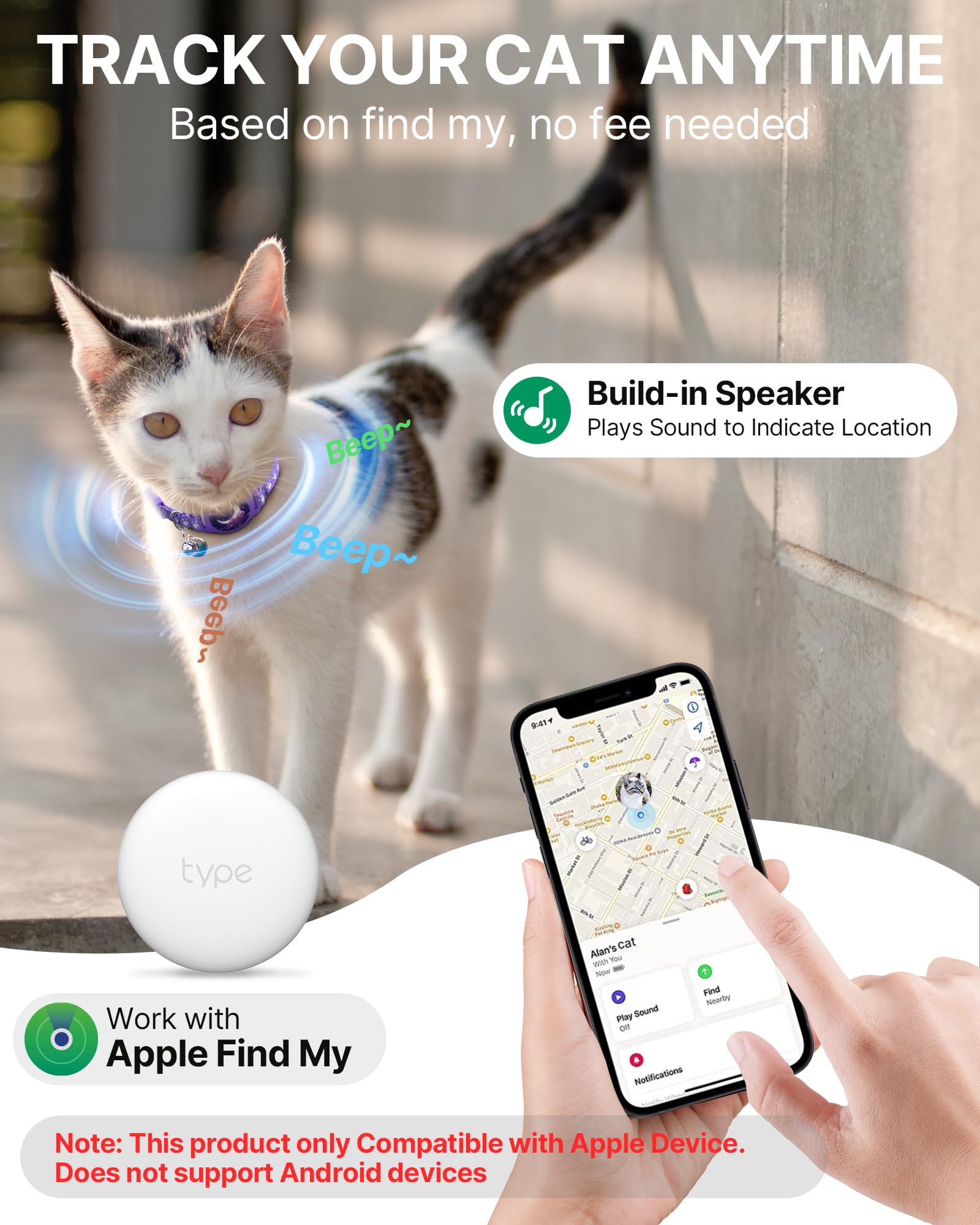 Cat Tracker Collar - Waterproof Airtag Cat Collar With Finder Tag (Ios Only), Compatible With Apple Find My, Breakaway Tractive