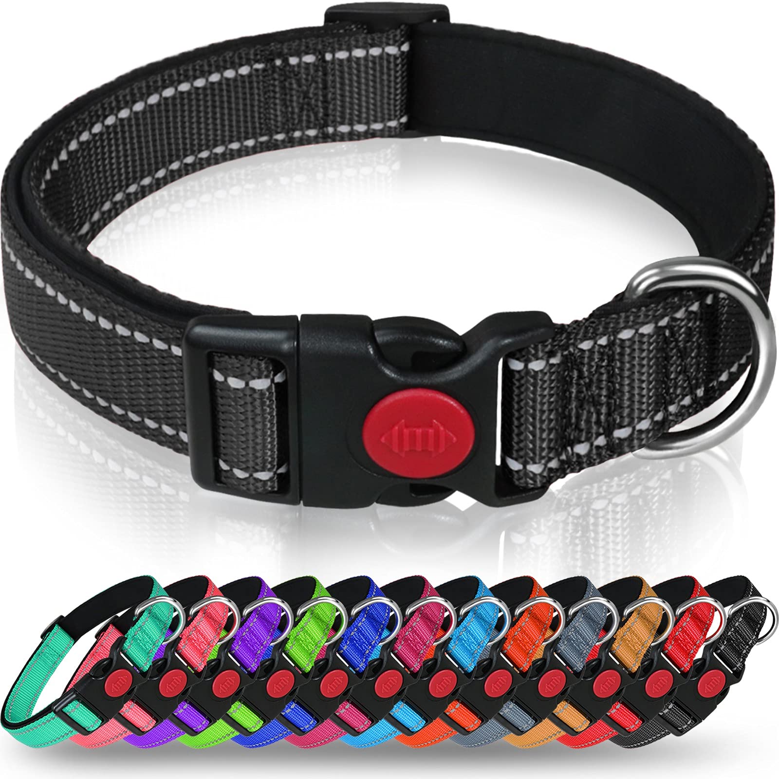 Taglory Reflective Dog Collar With Safety Locking Buckle, Adjustable Nylon Pet Collars For Extra Large Dogs Female Male, Black, Xl