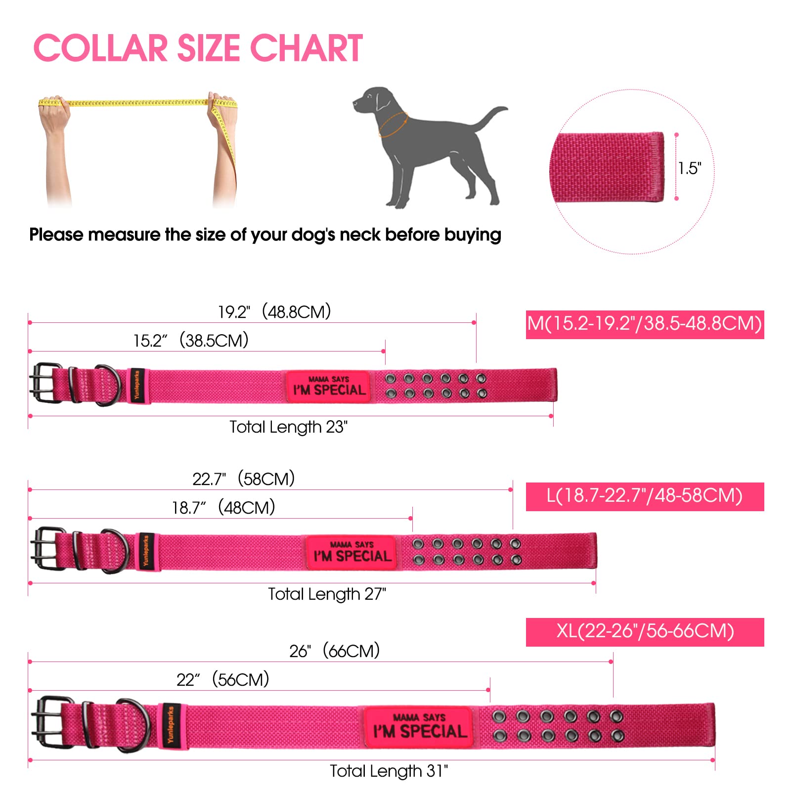 Yunleparks Tactical Collar For Medium Large Dogs, Heavy Duty Metal Buckle, Soft Neoprene Padded, Nylon Wide(X-Large, Pink)
