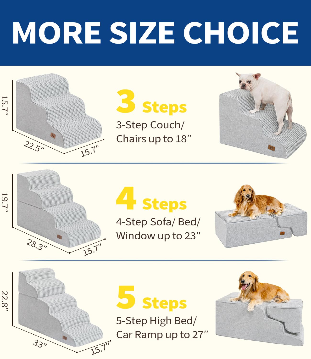 ABCPET Dog Stairs for Small Dogs, 15.7 H Dog Steps for Bed 35D Strong Support Foam Stairs for High Bed or Couch Sofa Non-Slip Ba