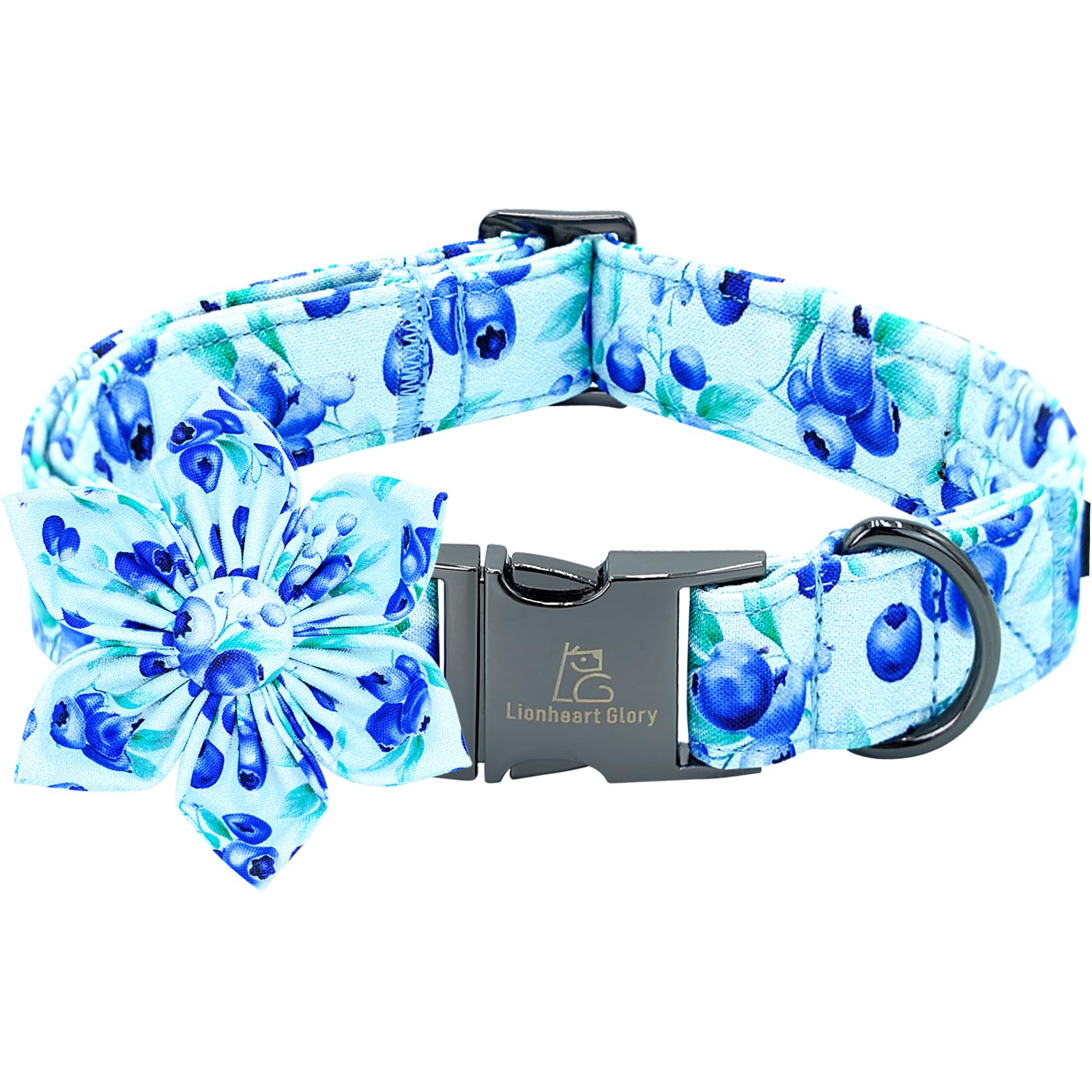 Lionheart Glory Dog Collar With Flower Blueberries Print Collars For Medium Dogs, Spring Summer Cute Duty Adjustable Dog Flowers