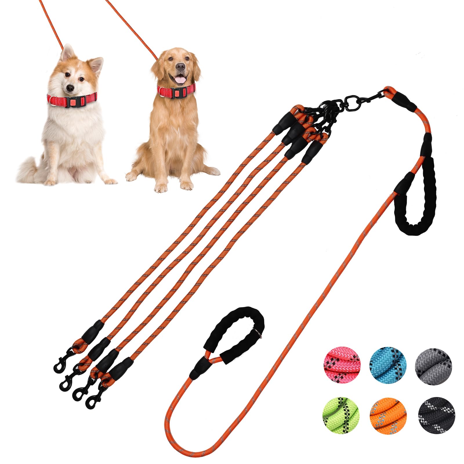 Exceptional 360 Anti-Tangle & No Pull Dog Leash - Four Handle & Reflective For Safety & Convenience - Small & Medium Dogs (Orang