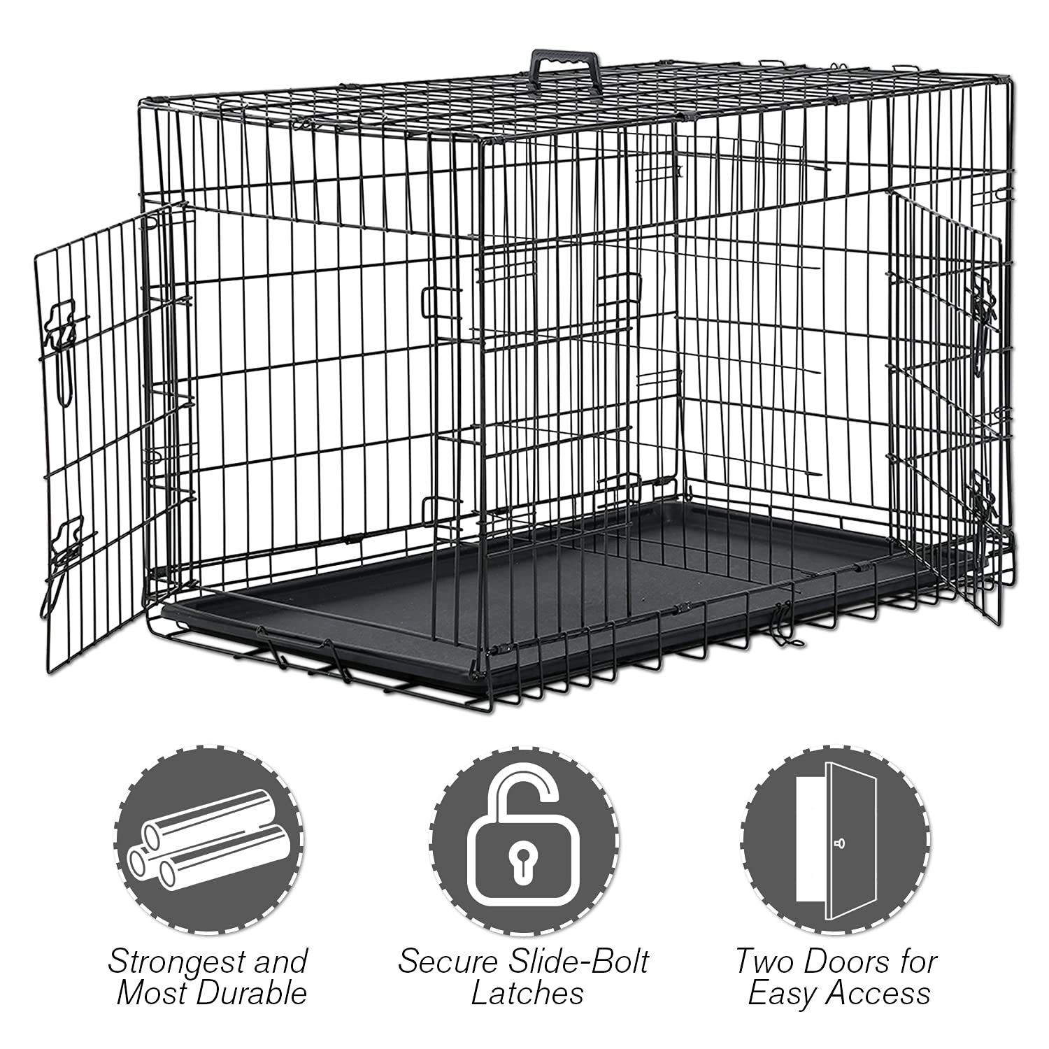 Hcy, Dog Crate, Dog Kennel 48 Inch Double Door Metal Crate Foldable Puppy Supplies Cage With Divider Panel, Handle, Plastic Tray