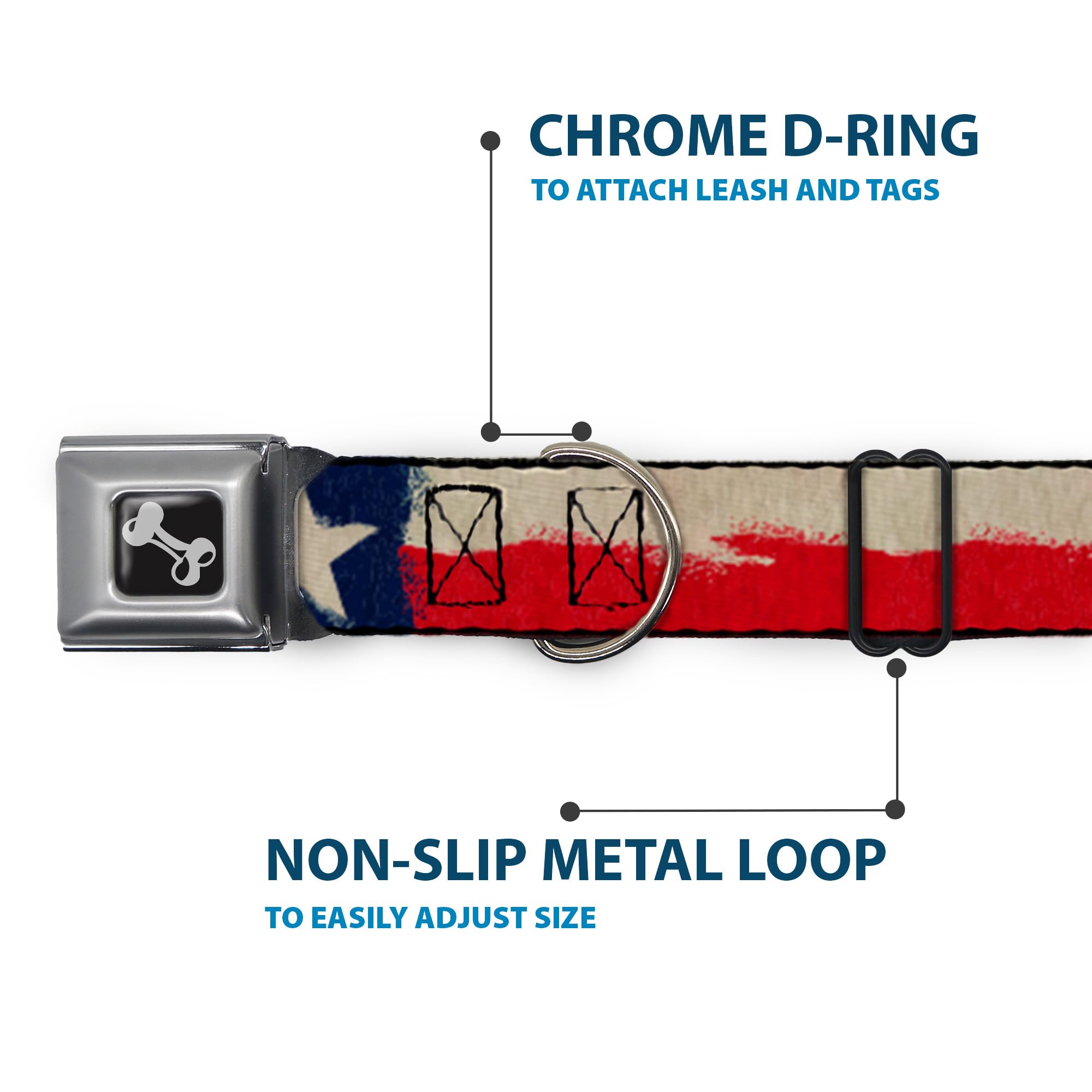 Buckle-Down Dog Collar Seatbelt Buckle Texas Flag Close Up Distressed Painting, Multicolor, 1.5' Wide - Fits 13-18' Neck - Sma