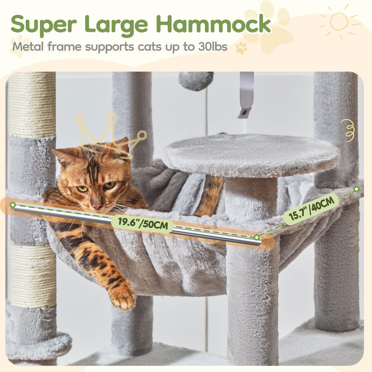 Taoqimiao Cat Tree for Large Cats, 72-Inch Multi-Level Tower, Light Gray, Plush, Model MS045W, with Scratching Posts and Cozy Basket