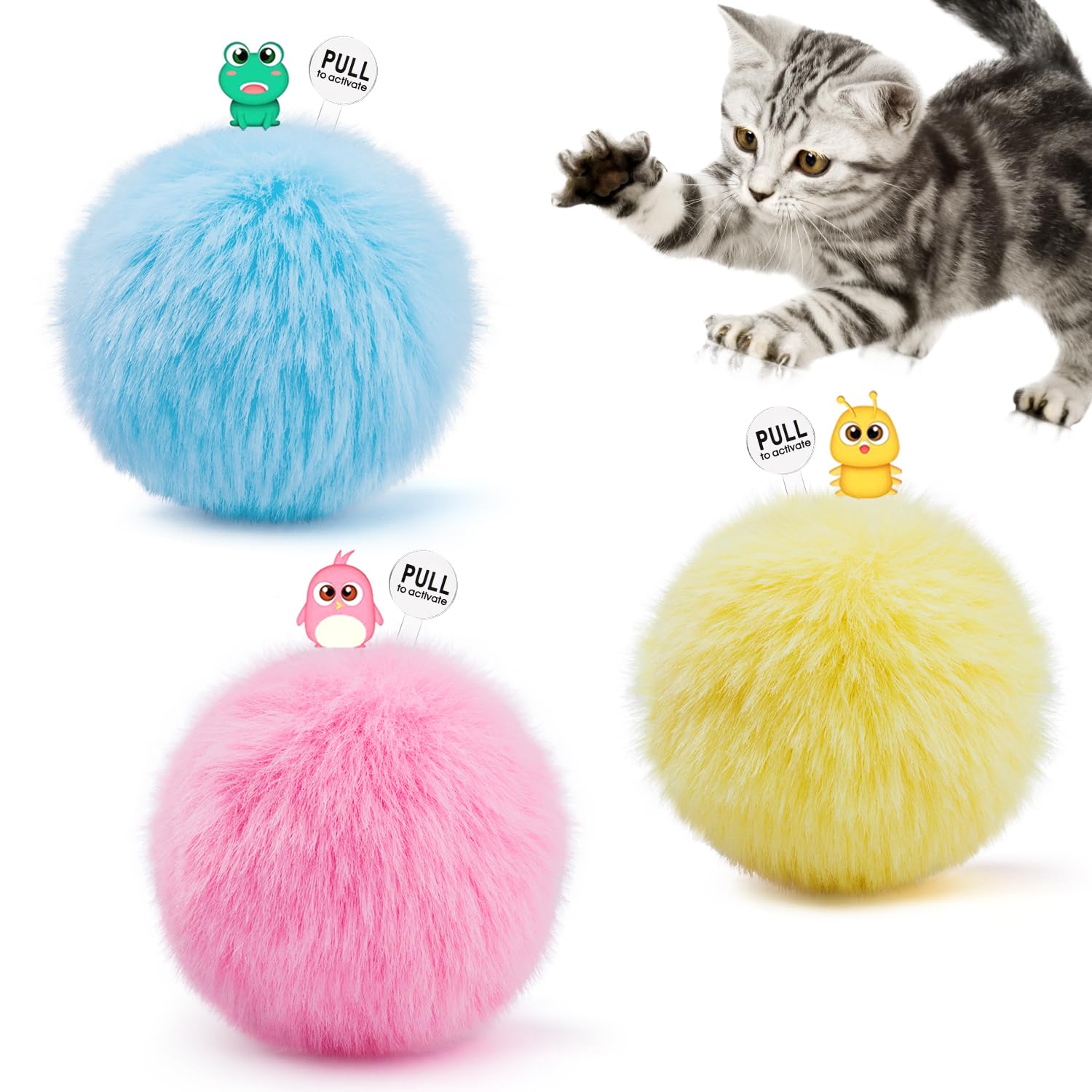 Potaroma Chirping Cat Toys Balls With Silvervine Catnip, Upgraded, 3 Pack Fluffy Interactive Cat Kicker, 3 Lifelike Animal Sounds, Kitty Kitten Catnip Exercise Toys