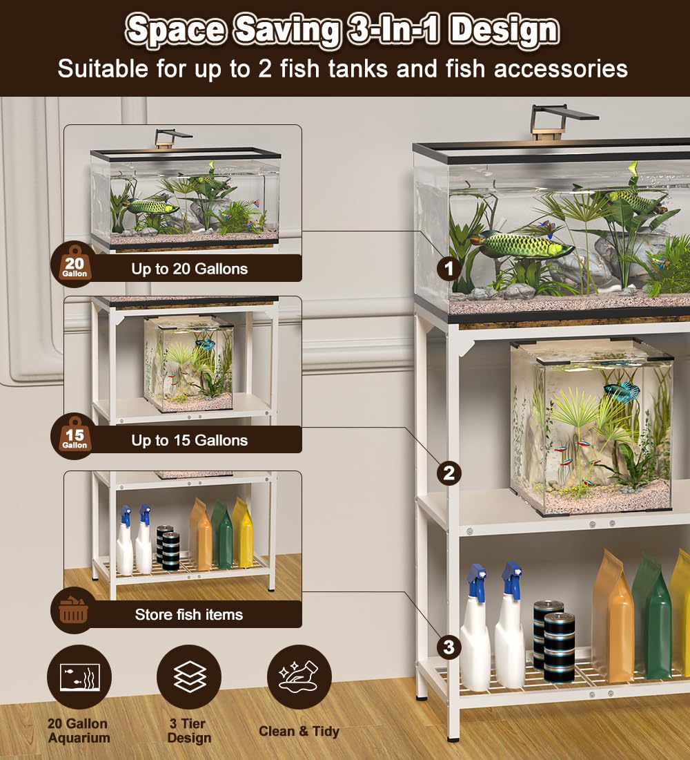 AnBaiMei 20 Gallon Aquarium Stand, Fish Tank Stand with Adjustable 3-Tier Storage Shelf, Heavy Duty Reptile Breeder Turtle Tank