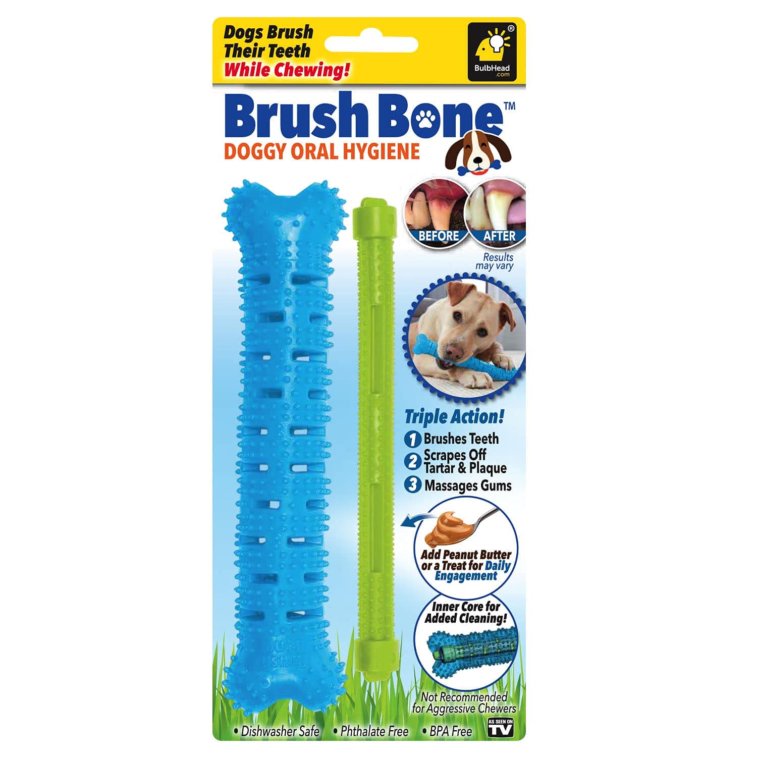 BulbHead BrushBone As Seen On TV Doggy Toothbrush Chew Toy, Plaque & Tartar Remover, Works 3 Ways to Clean While They Play, Inve